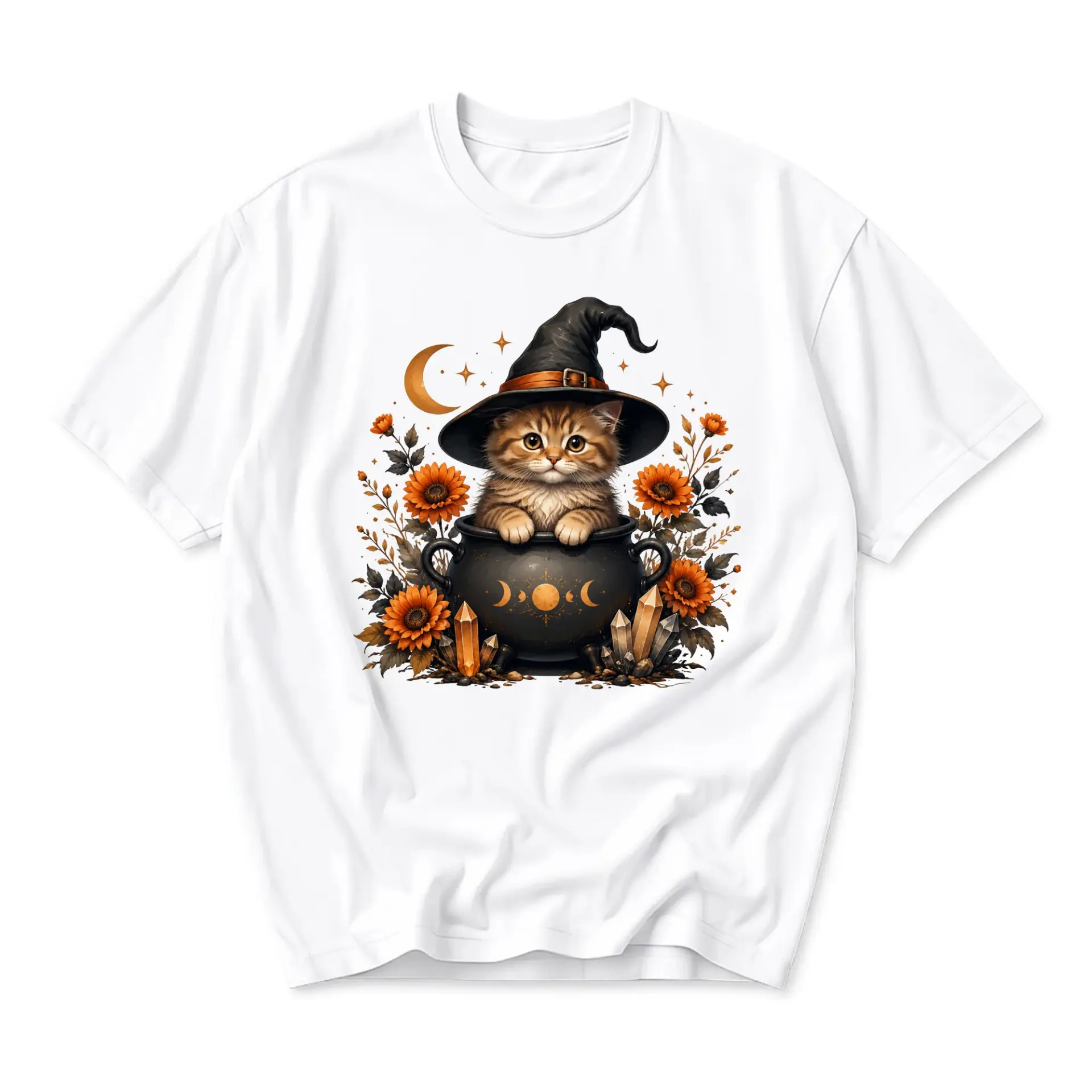 Graphic Tee Unisex Crew Neck Short Sleeve Shirt Featuring Whimsical Kitten Wearing a Witch Hat in a Magic Cauldron