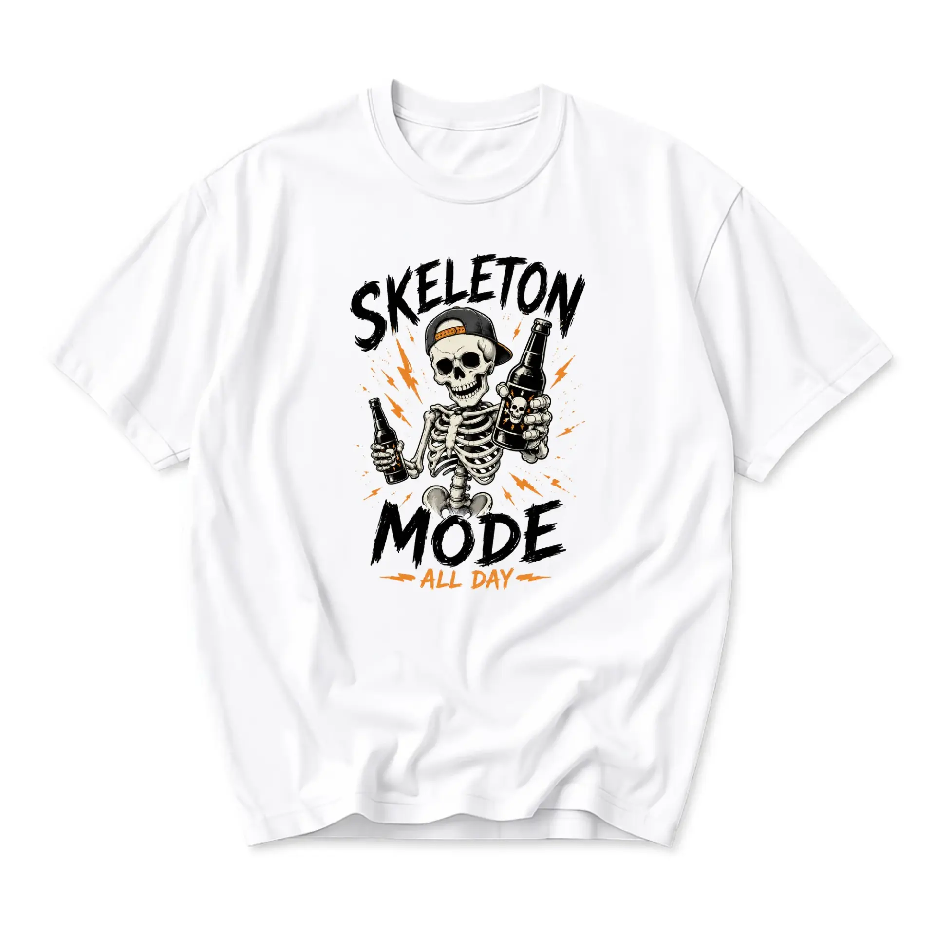 Graphic Tee Skeleton Mode All Day Funny Shirt Unisex Crew Neck Short Sleeve Casual Cotton Blend Apparel White
