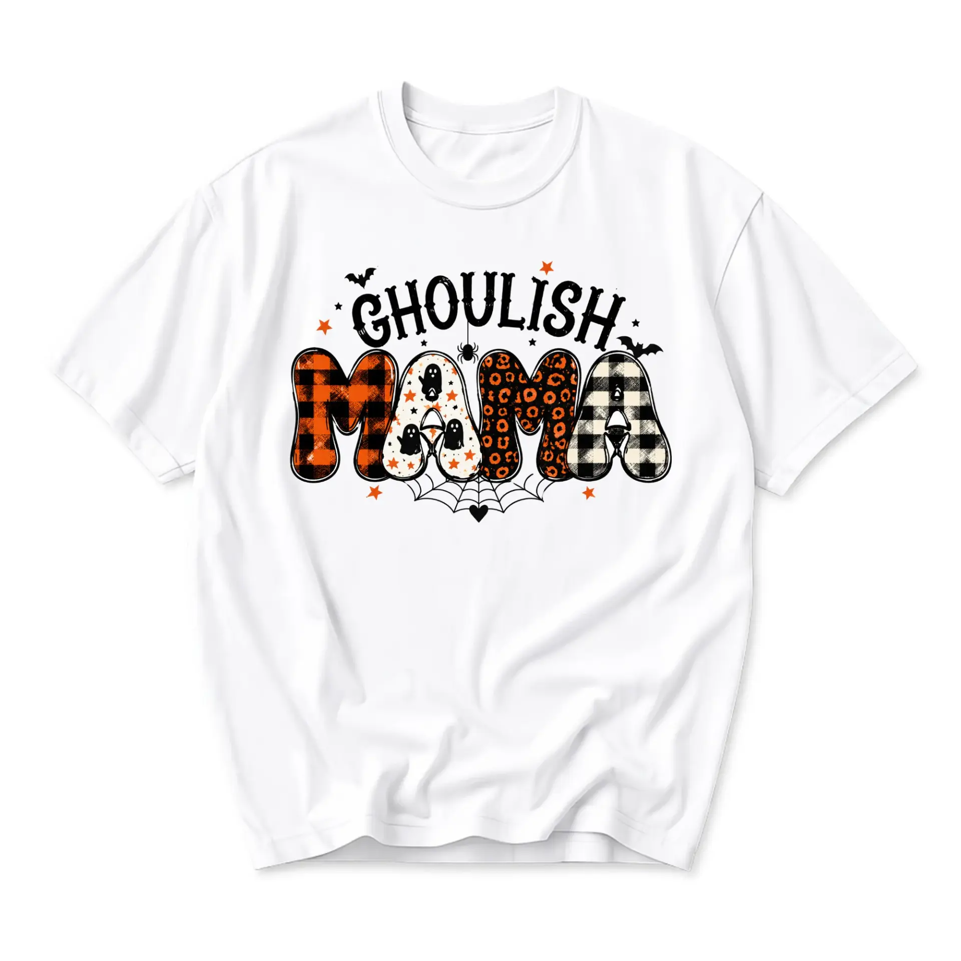 Graphic Tee Ghoulish Mama Halloween Spooky Ghost Buffalo Plaid Unisex Crew Neck Casual Everyday Short Sleeve Shirt