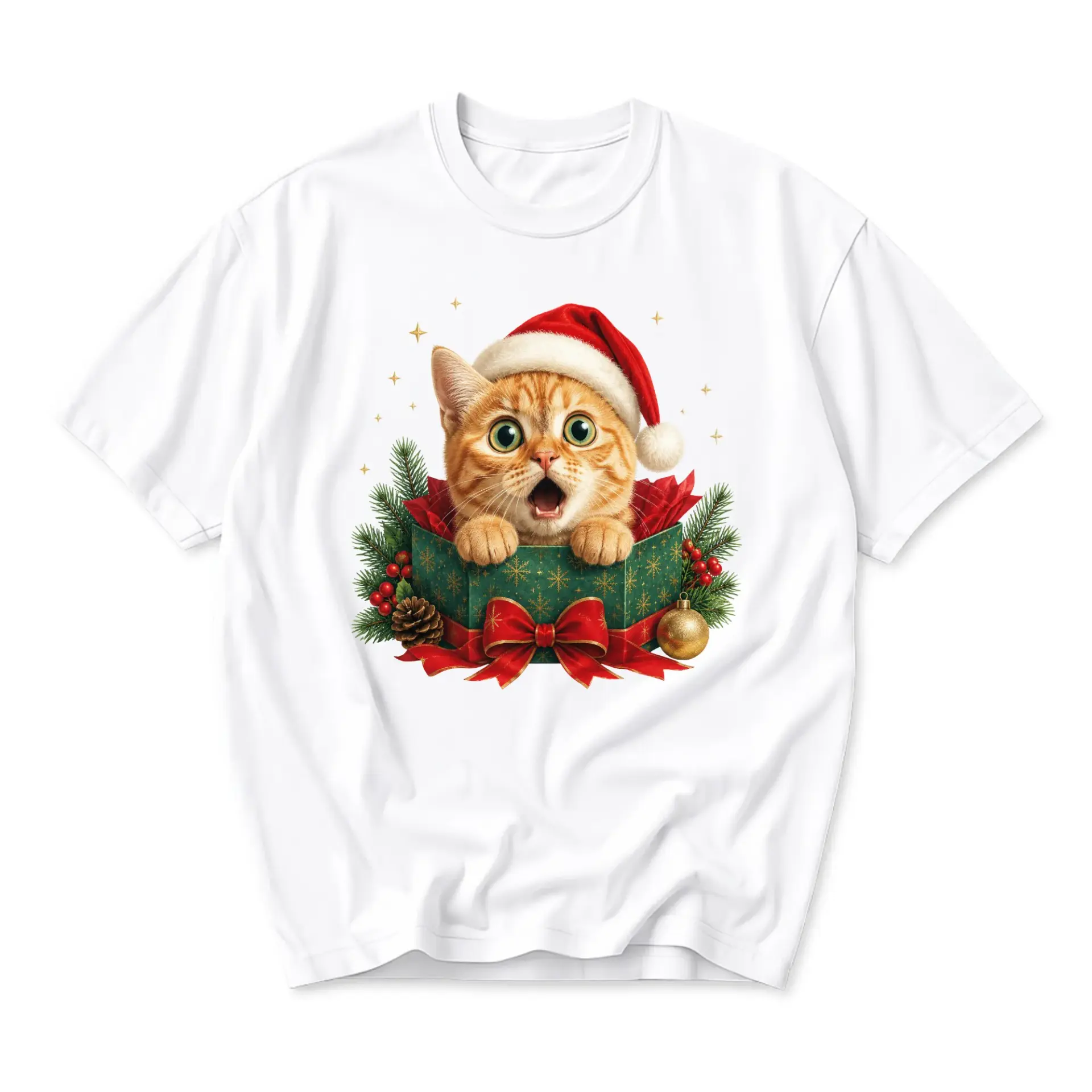 Graphic Tee Christmas Cat in Gift Box Shirt Festive Holiday Unisex Crew