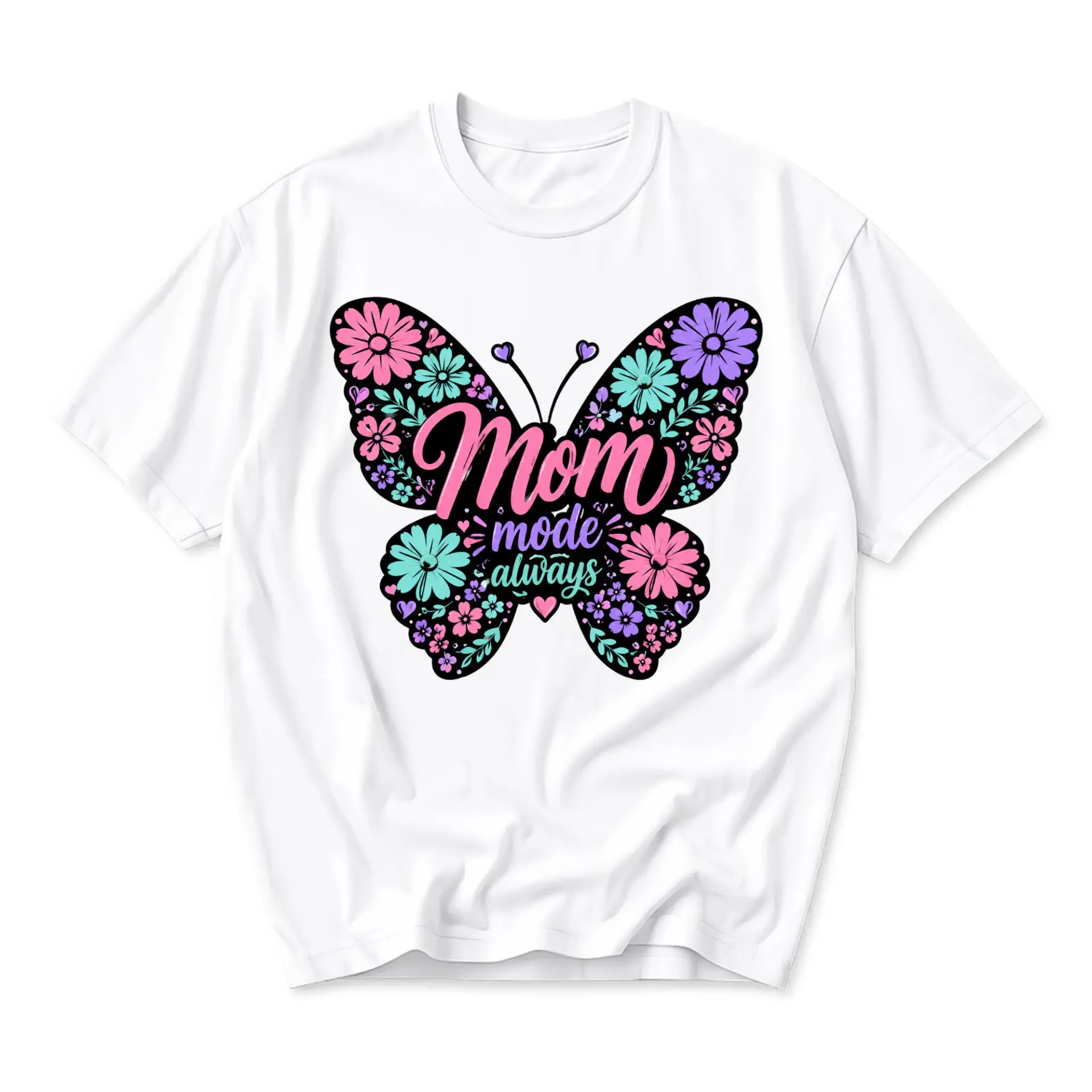 Graphic Tee Mom Mode Always Butterfly Floral Design Casual Unisex Crew Neck T-Shirt Soft Breathable Everyday Apparel
