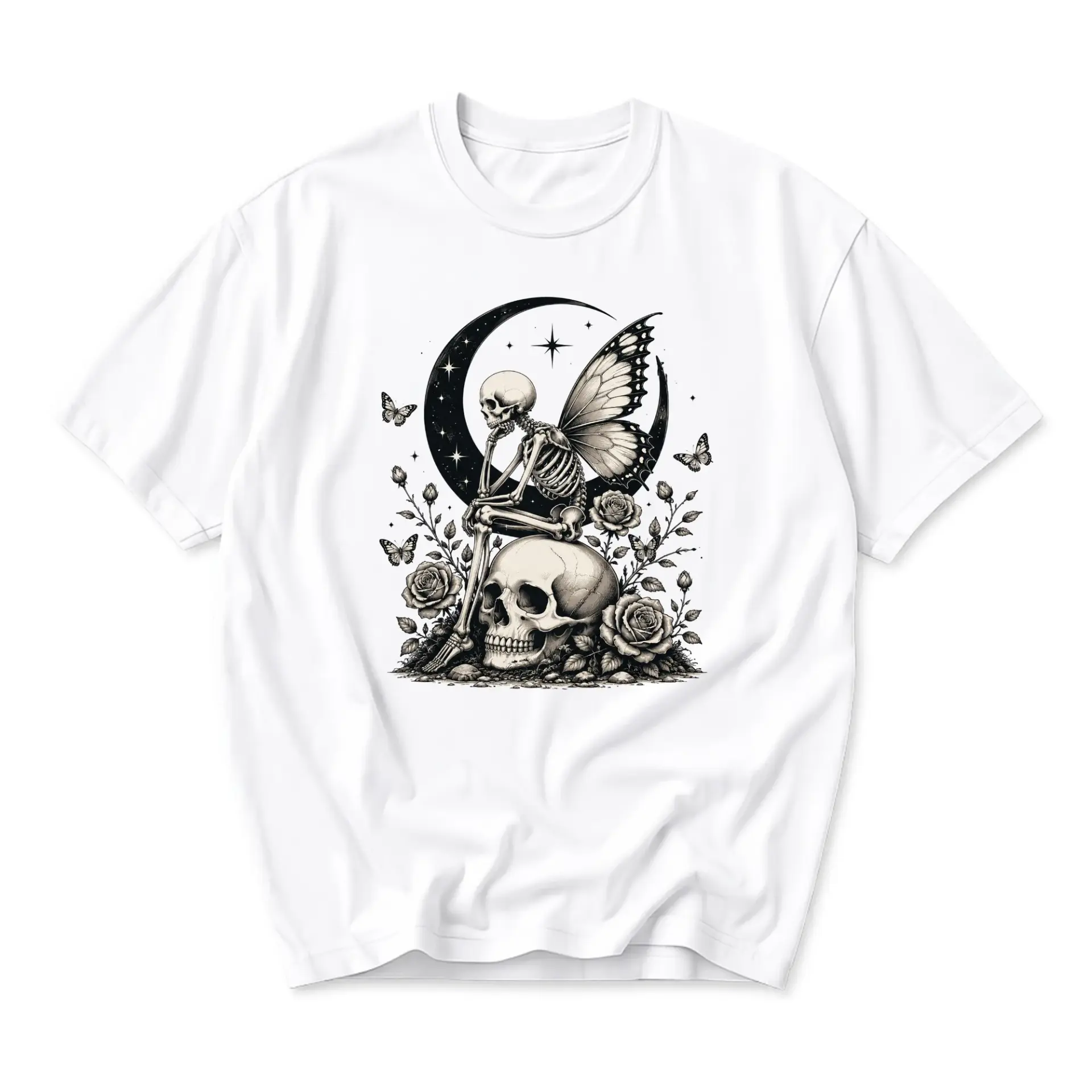 Graphic Tee Unisex Short Sleeve Crew Neck Shirt Featuring a Skeleton Fairy Sitting on a Skull and Crescent Moon Art