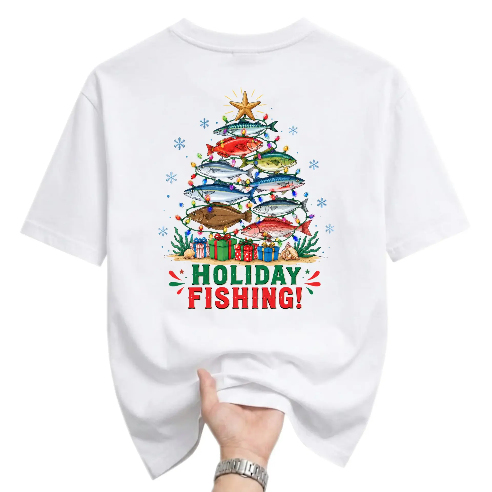 Graphic Tee Holiday Fishing Christmas Tree Design Unisex Cotton Crew Neck Casual Short Sleeve Apparel White Shirt