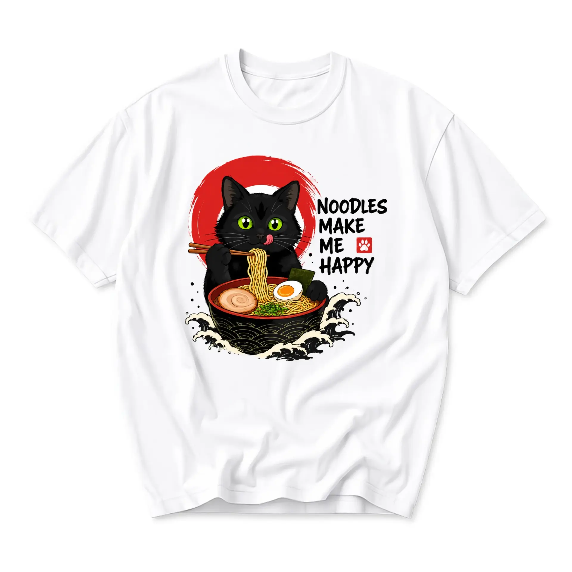 Graphic Tee Black Cat Eating Ramen Noodles Funny Shirt Casual Unisex Crew Neck Top for Ramen Lovers Pet Enthusiasts