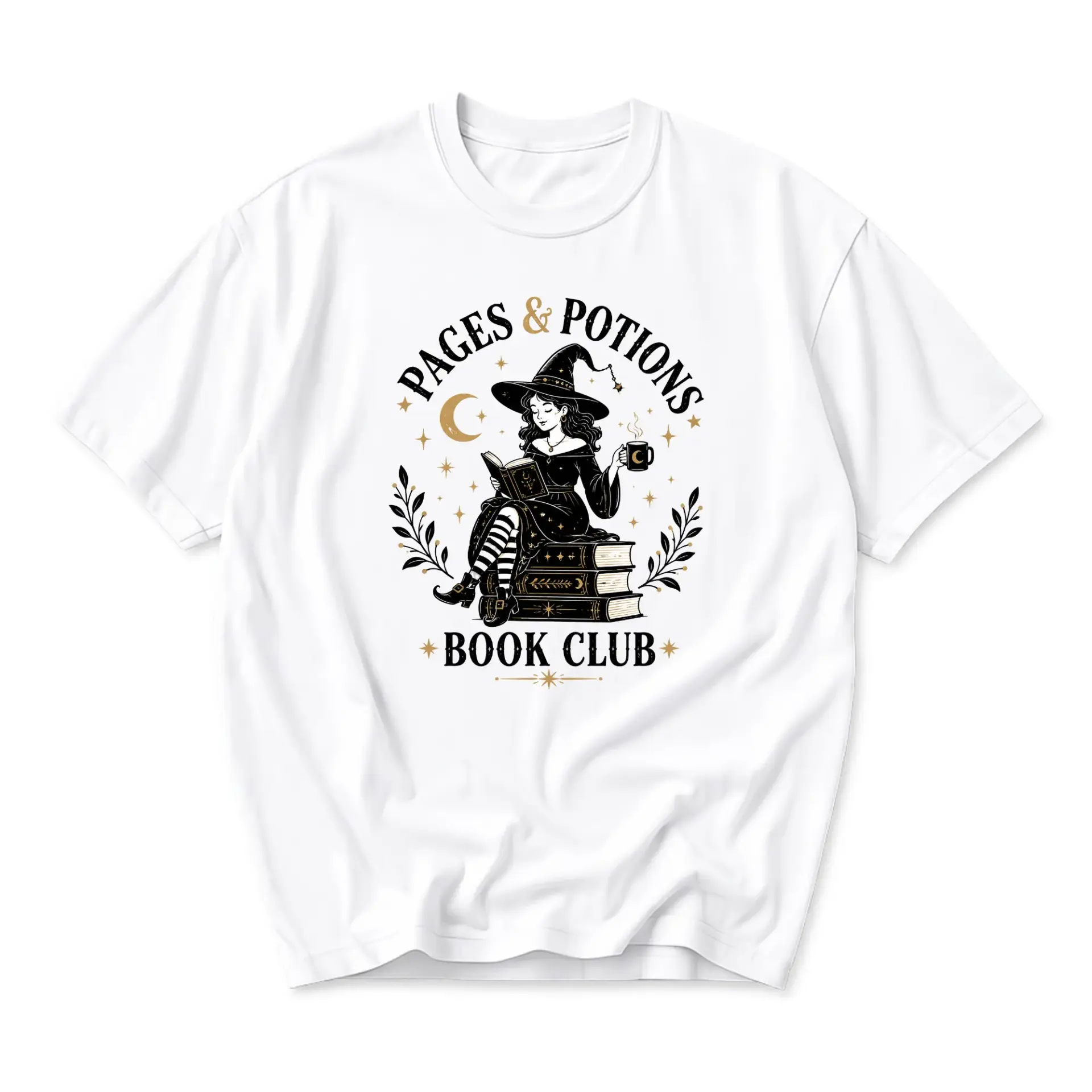 Graphic Tee Pages and Potions Book Club Unisex Cotton T-Shirt Celestial Witch Reading Illustration Casual Apparel