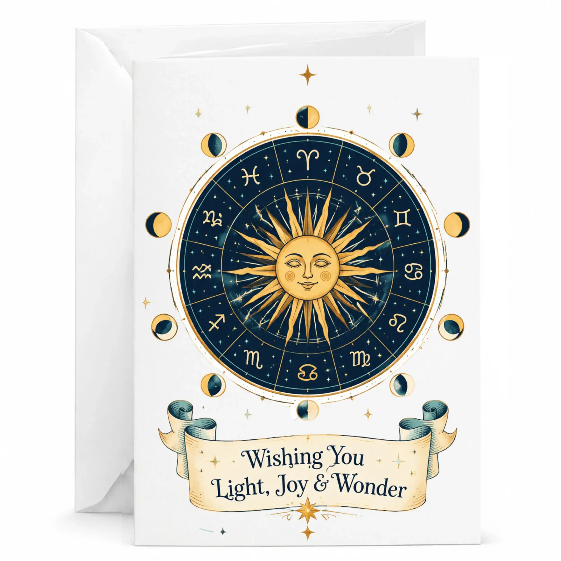 Greeting Card with Celestial Zodiac Sun Design, Wishing You Light Joy and Wonder Stationary for Personal Messages