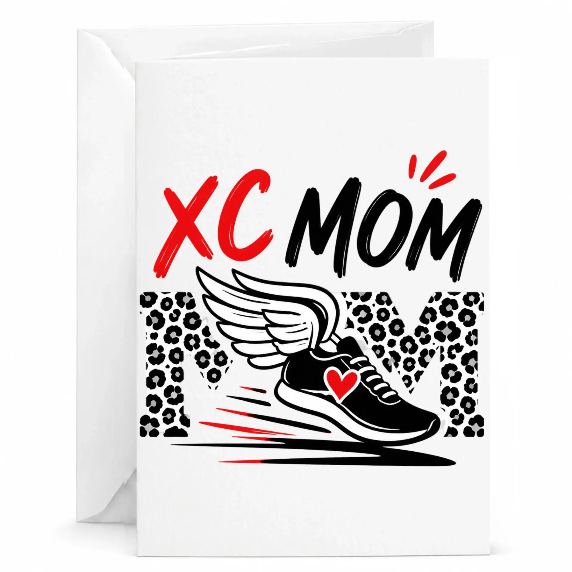 Greeting Card for Cross Country Runner Mom with Winged Running Shoe Graphic and Leopard Print Pattern Design