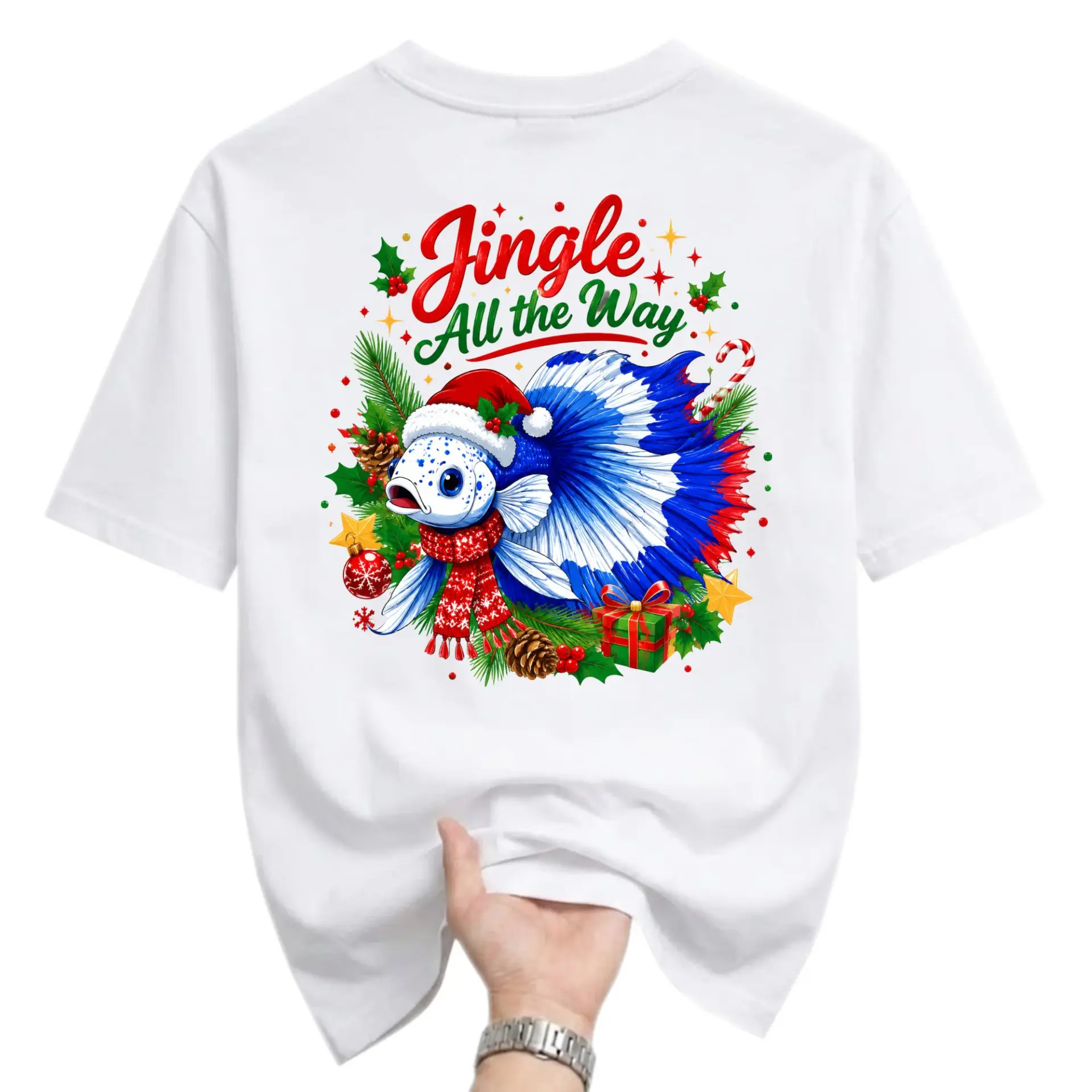 Funny Shirt Jingle All the Way Fish Christmas Graphic Unisex T-Shirt Seasonal Holiday Casual Crew Neck Tee
