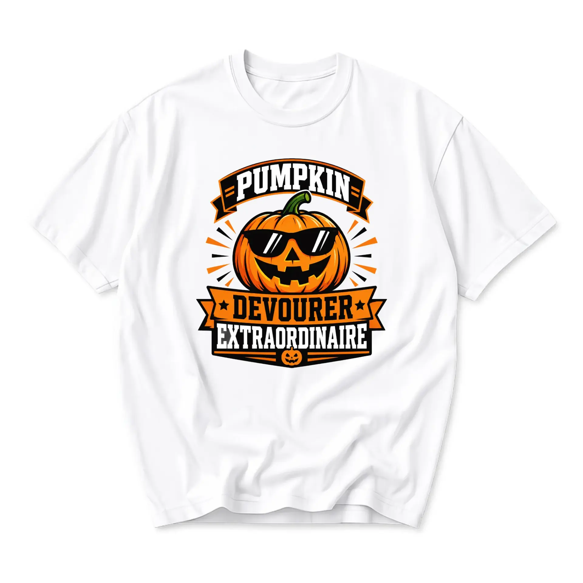 Graphic Tee Pumpkin Devourer Extraordinaire Funny Fall Shirt Seasonal Unisex Crew Neck Casual Holiday Apparel White