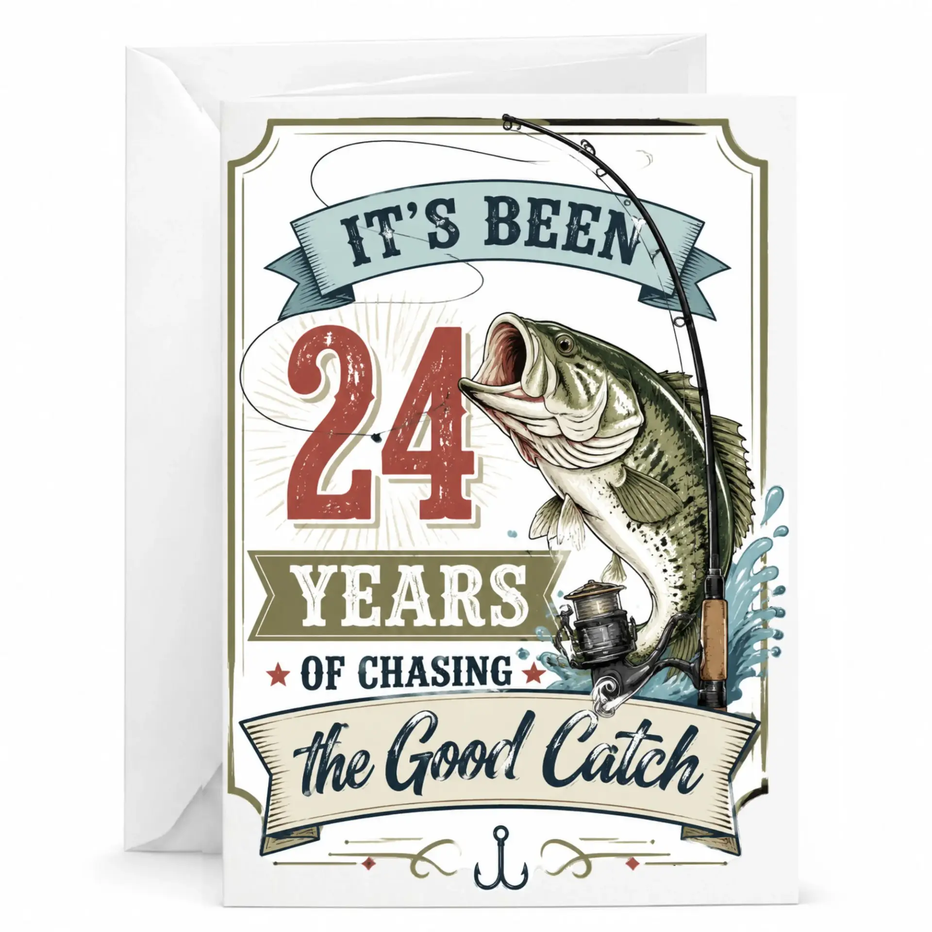 Funny Fishing Themed Greeting Card 24th Anniversary Card for Fisherman or Angler with Matching Envelope 5x7 Inches