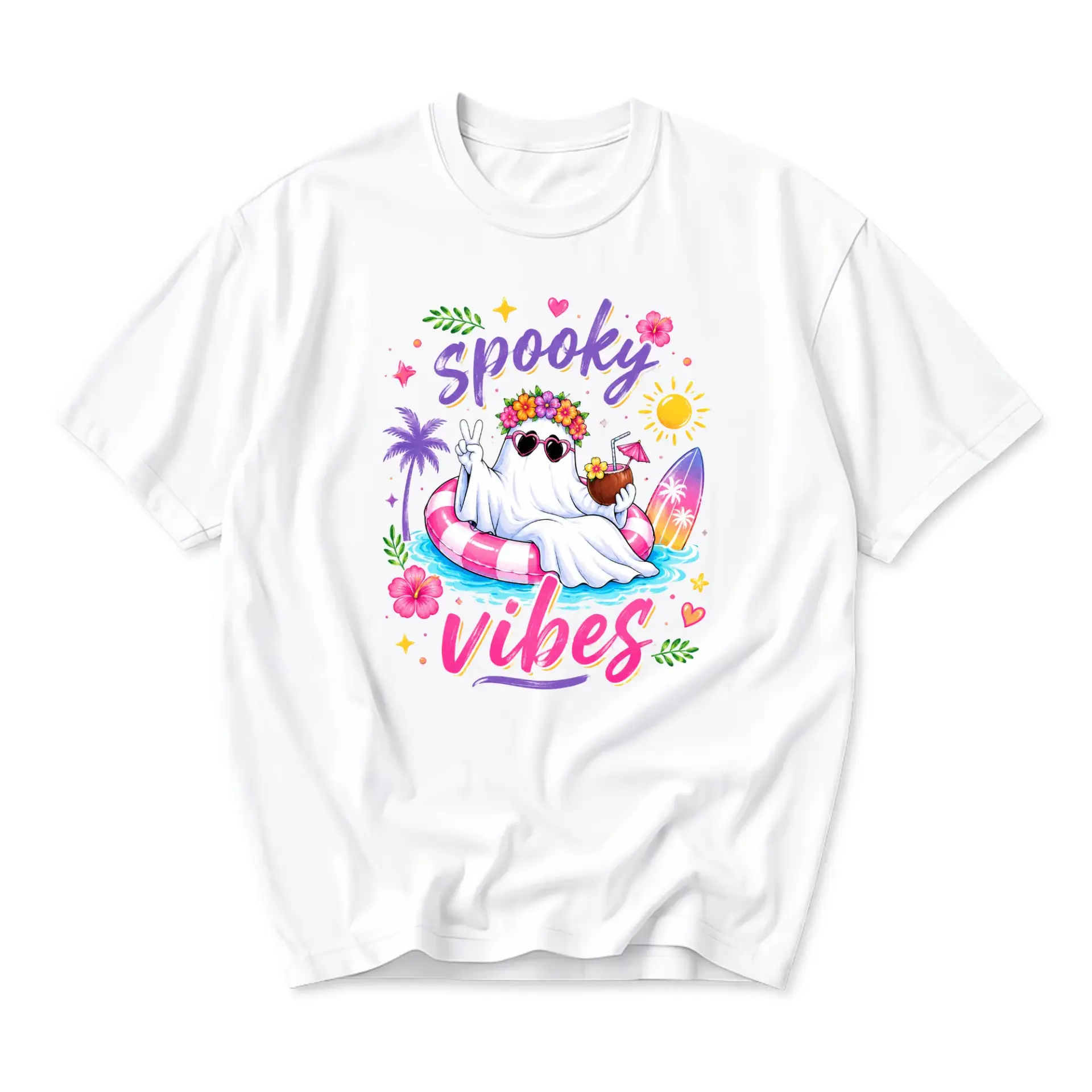 Graphic Tee Spooky Vibes Summer Ghost Unisex T-Shirt Casual Soft Cotton Crew Neck Top for Everyday Outfits and Gifting