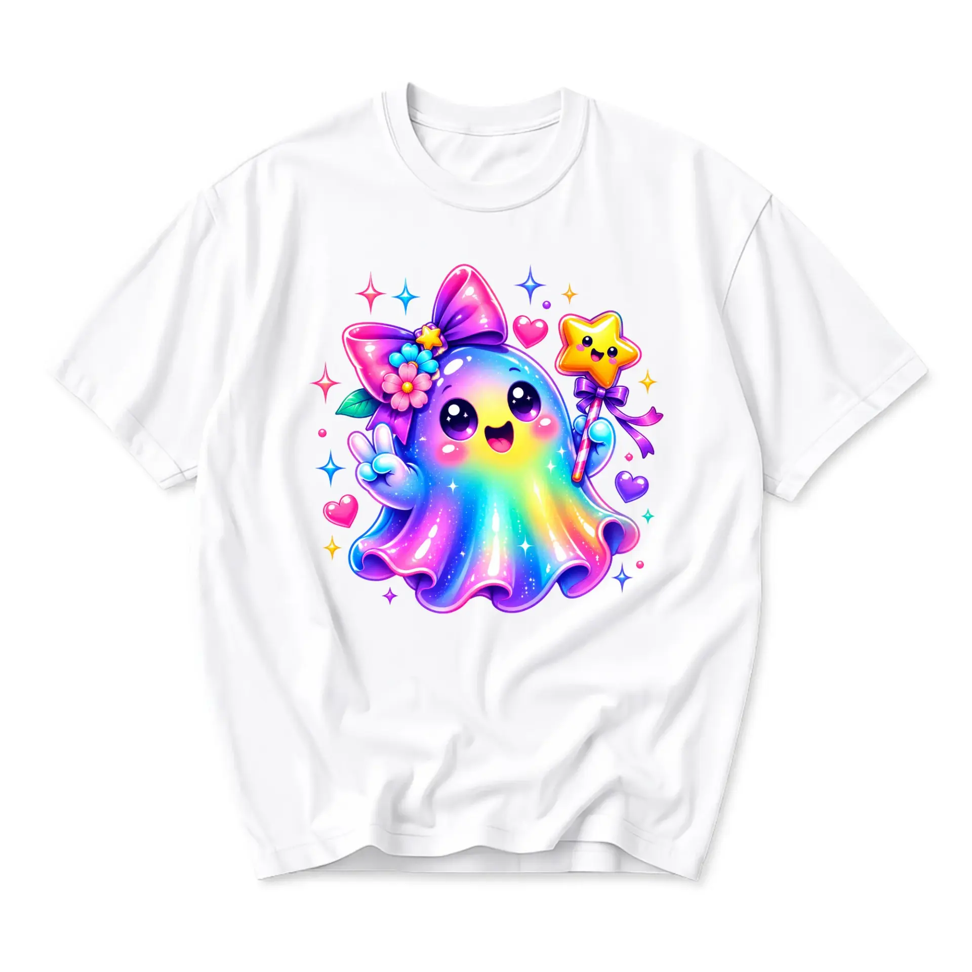 Graphic Tee Rainbow Ghost with Bow and Magic Wand Cute Colorful Design Unisex Casual Short Sleeve Crew Neck T-Shirt