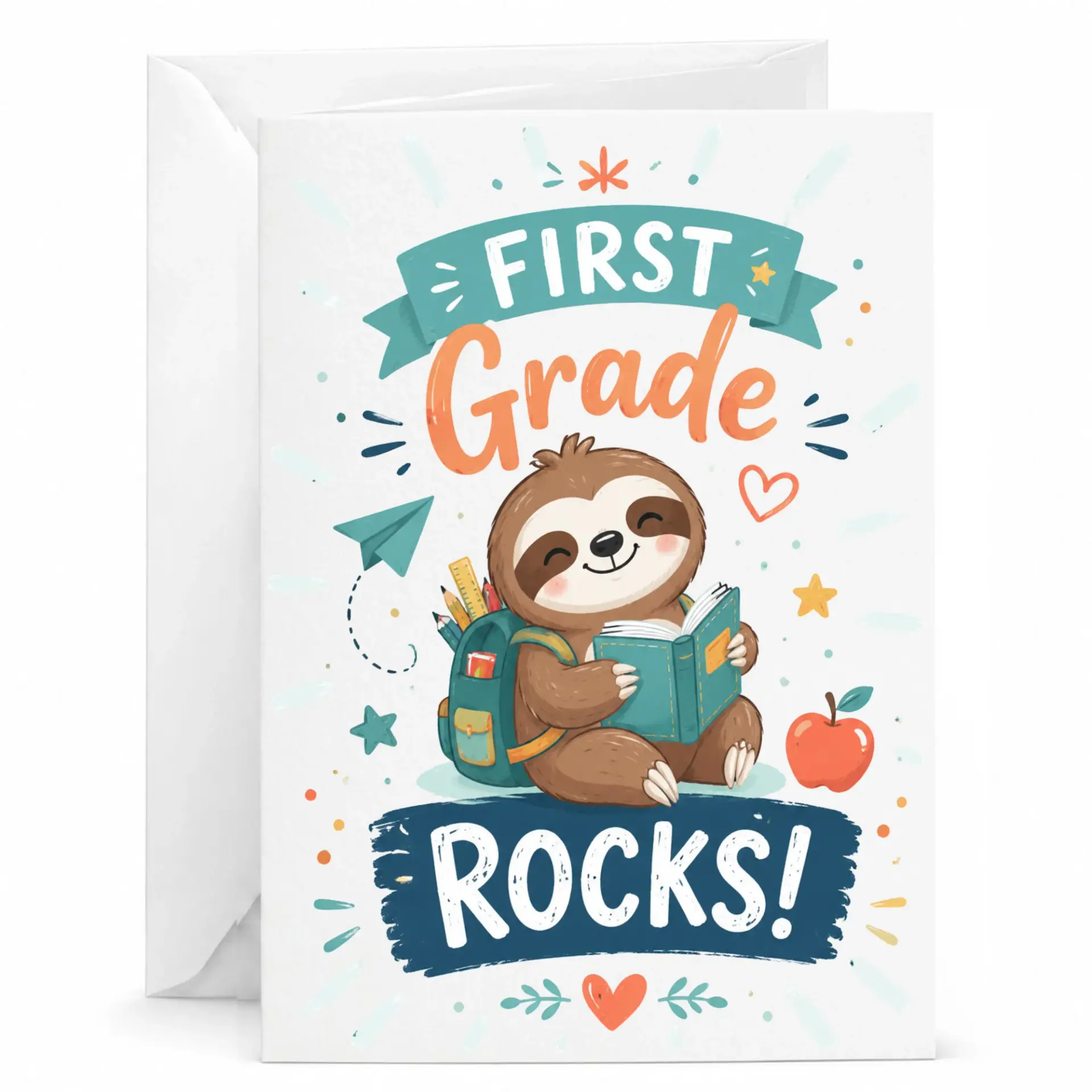 Greeting Card First Rocks Sloth Illustration Printed Note with Envelope for Milestone Celebrations and Encouragement