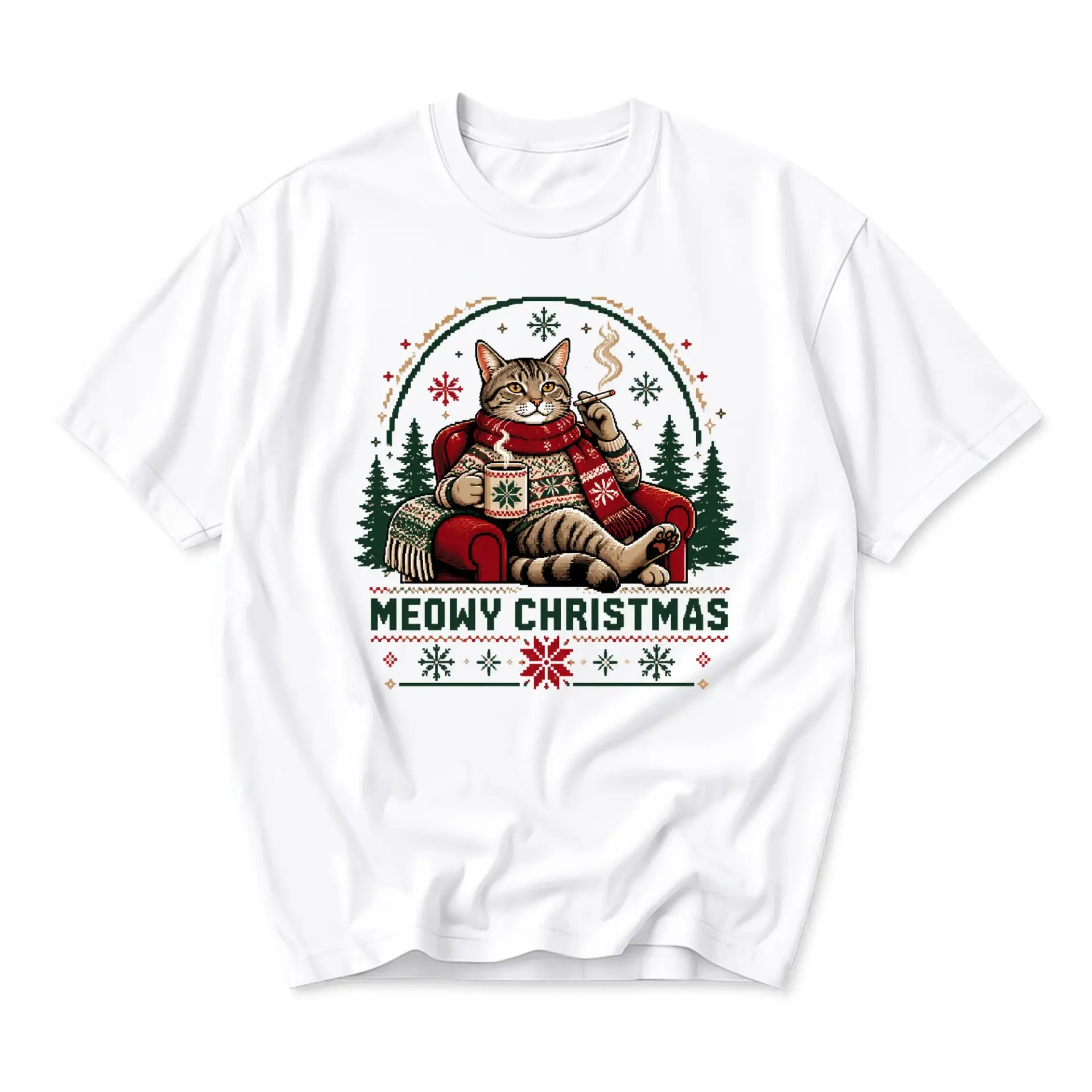 Funny Shirt Meowy Christmas Cat Graphic Tee Unisex Crew Neck Short Sleeve
