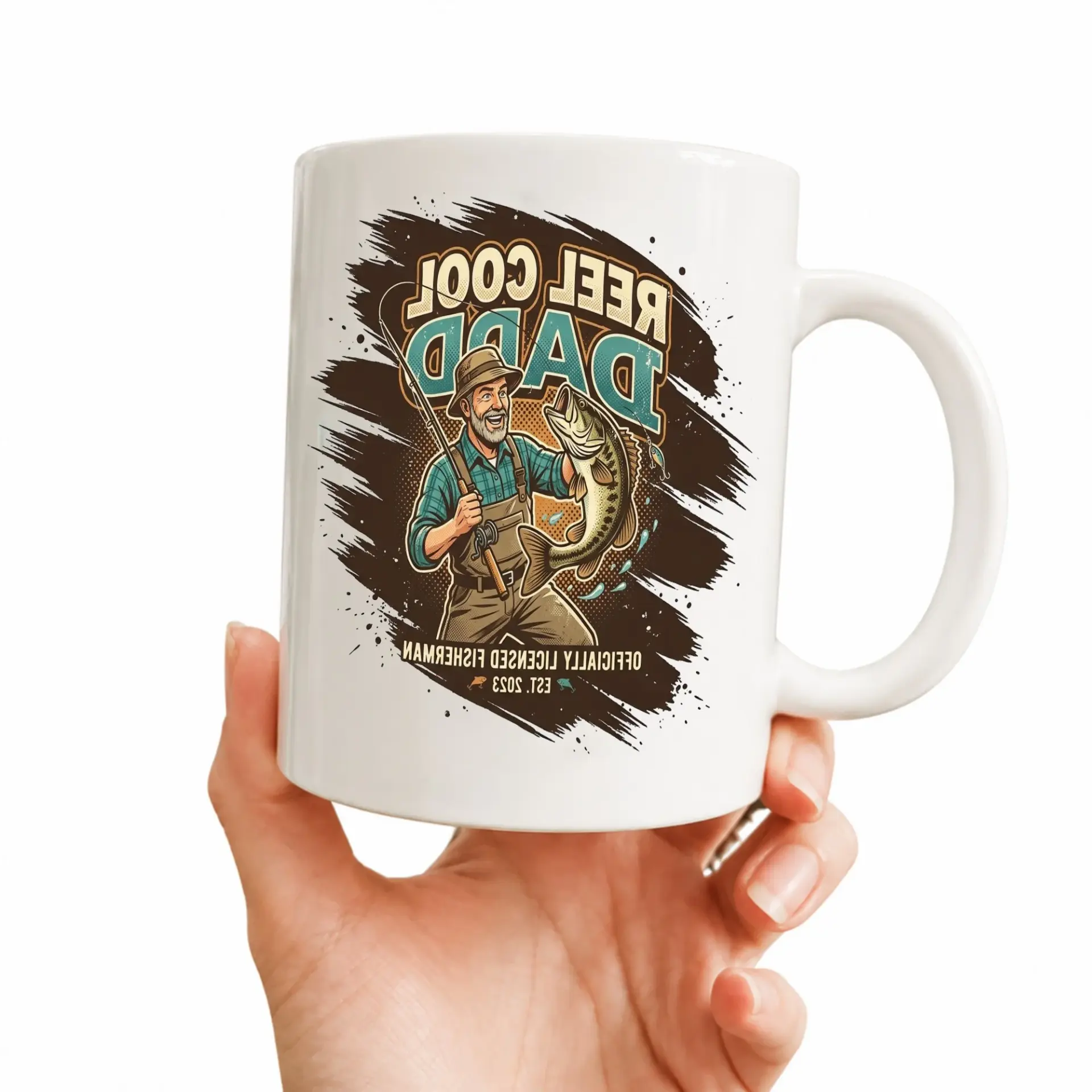 Funny Fishing Themed Coffee Mug for Dad Novelty Beverage Cup with Fisherman Graphic and Contrast Blue Handle Design