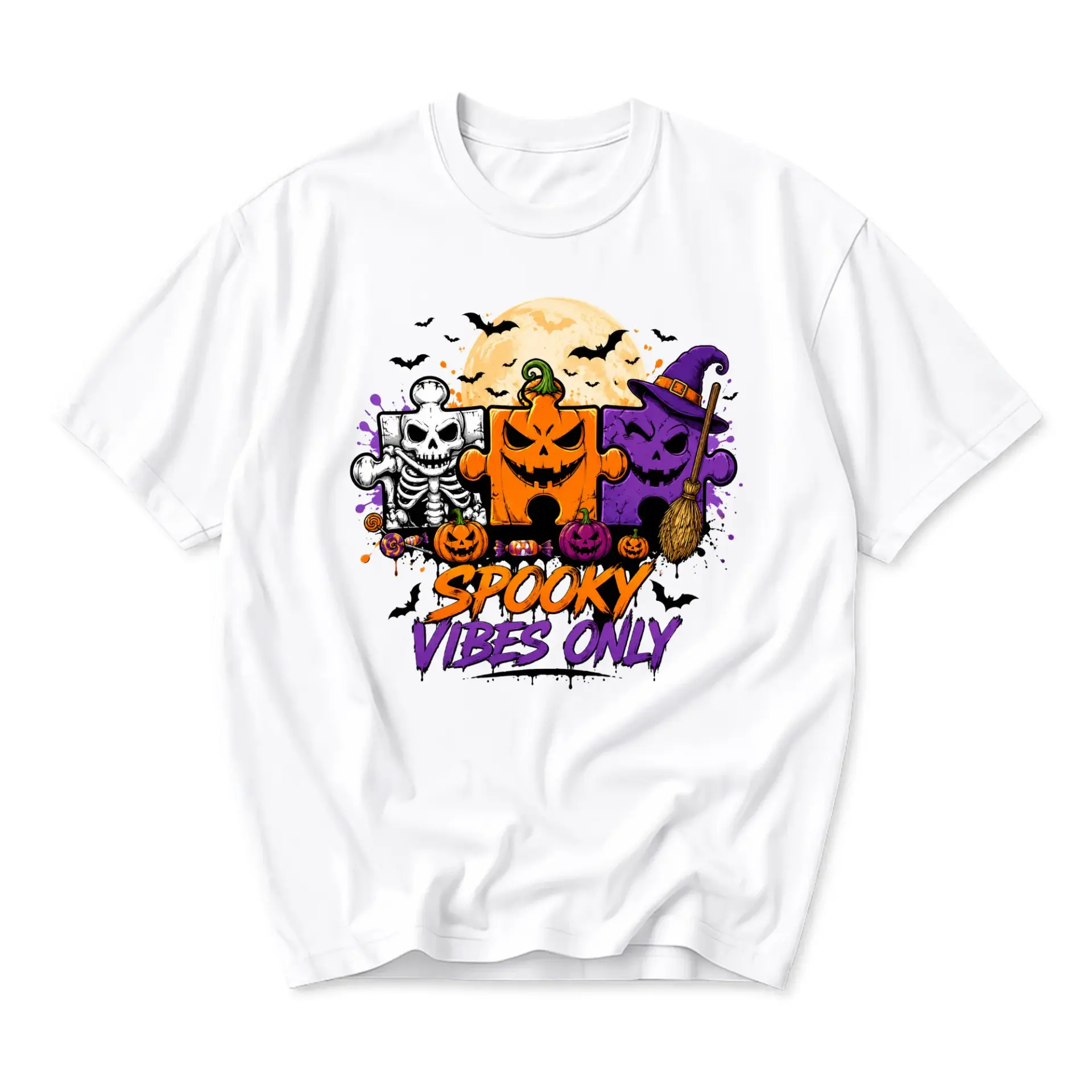 Funny Shirt Spooky Vibes Only Halloween Graphic Tee Featuring Puzzle Piece Jack O Lantern Skeleton Witch Hat