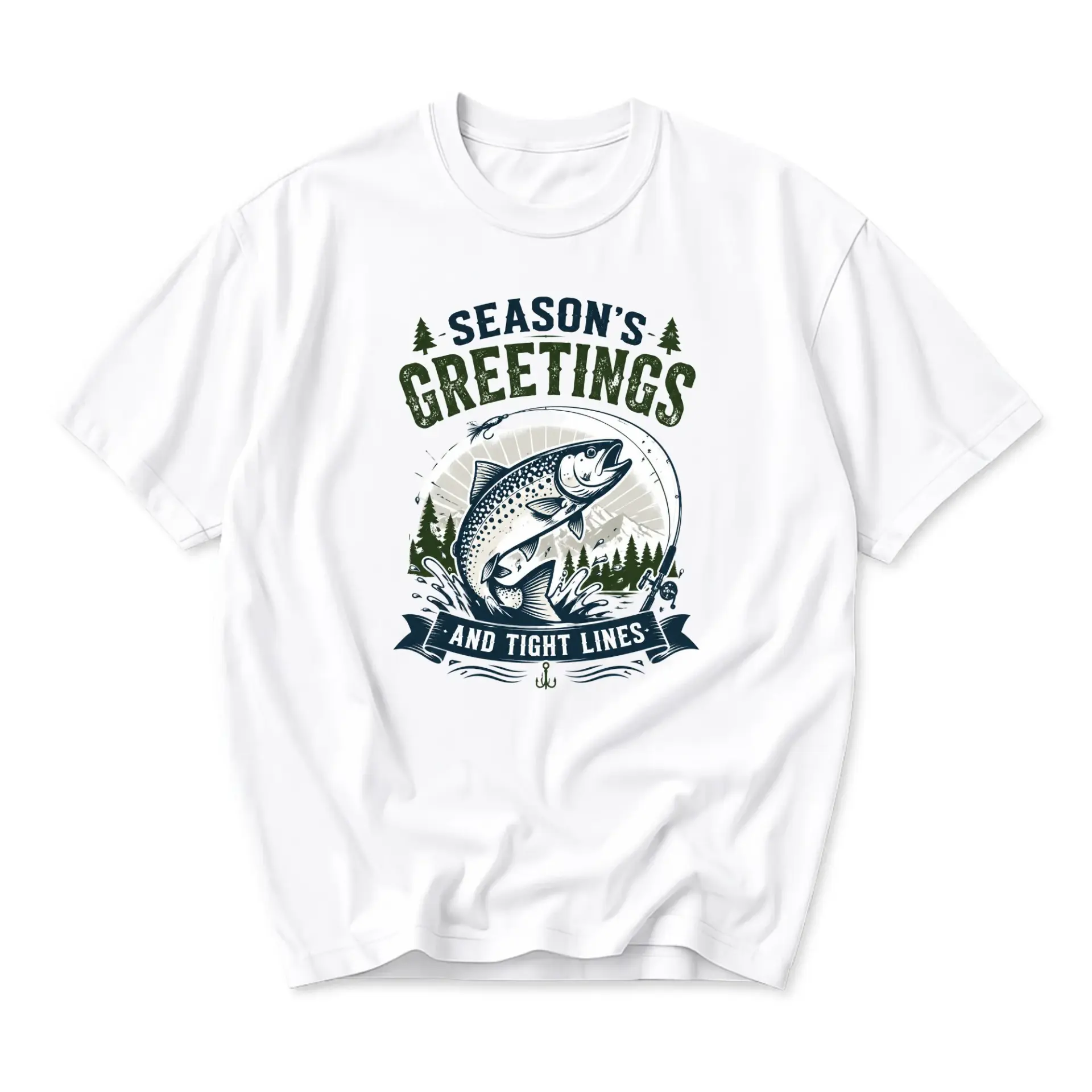 Graphic Tee Season's Greetings and Fishing Outdoors Themed Shirt for Casual