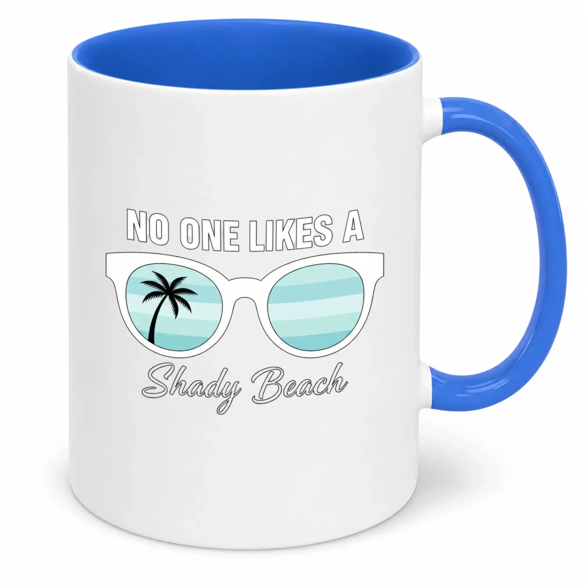 Funny Ceramic Coffee Mug with 'no One Likes a Shady Beach' Pun Sunglasses and Tree Design White Blue Accent Drinkware
