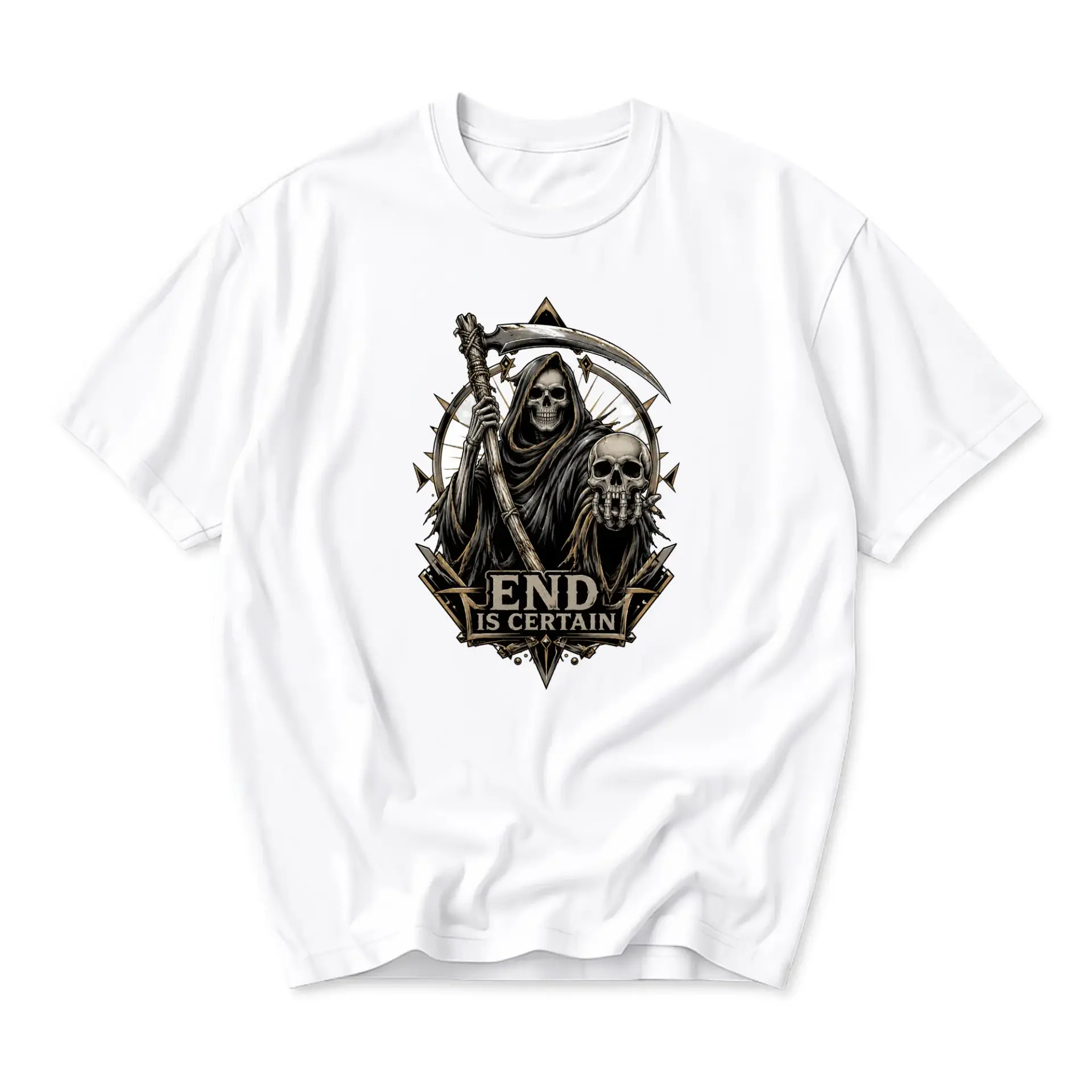 Graphic Tee Grim Reaper Skull Design Unisex Crew Neck Short Sleeve Cotton Casual Everyday Apparel White T-Shirt