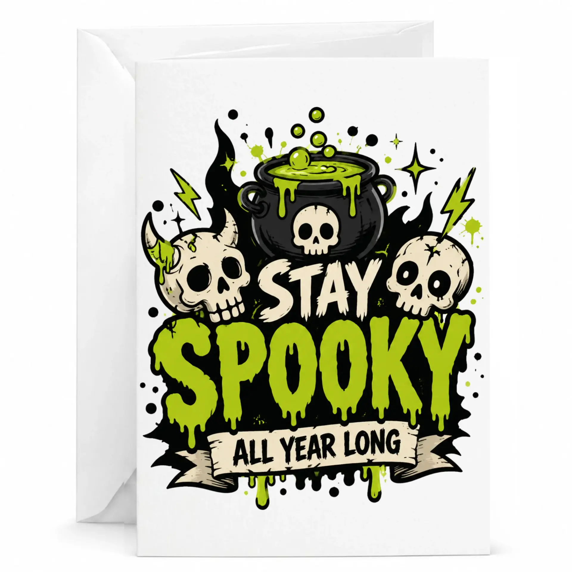 Funny Greeting Card Stay Spooky All Year Long Design with Skull and Cauldron Illustration for Any Occasion