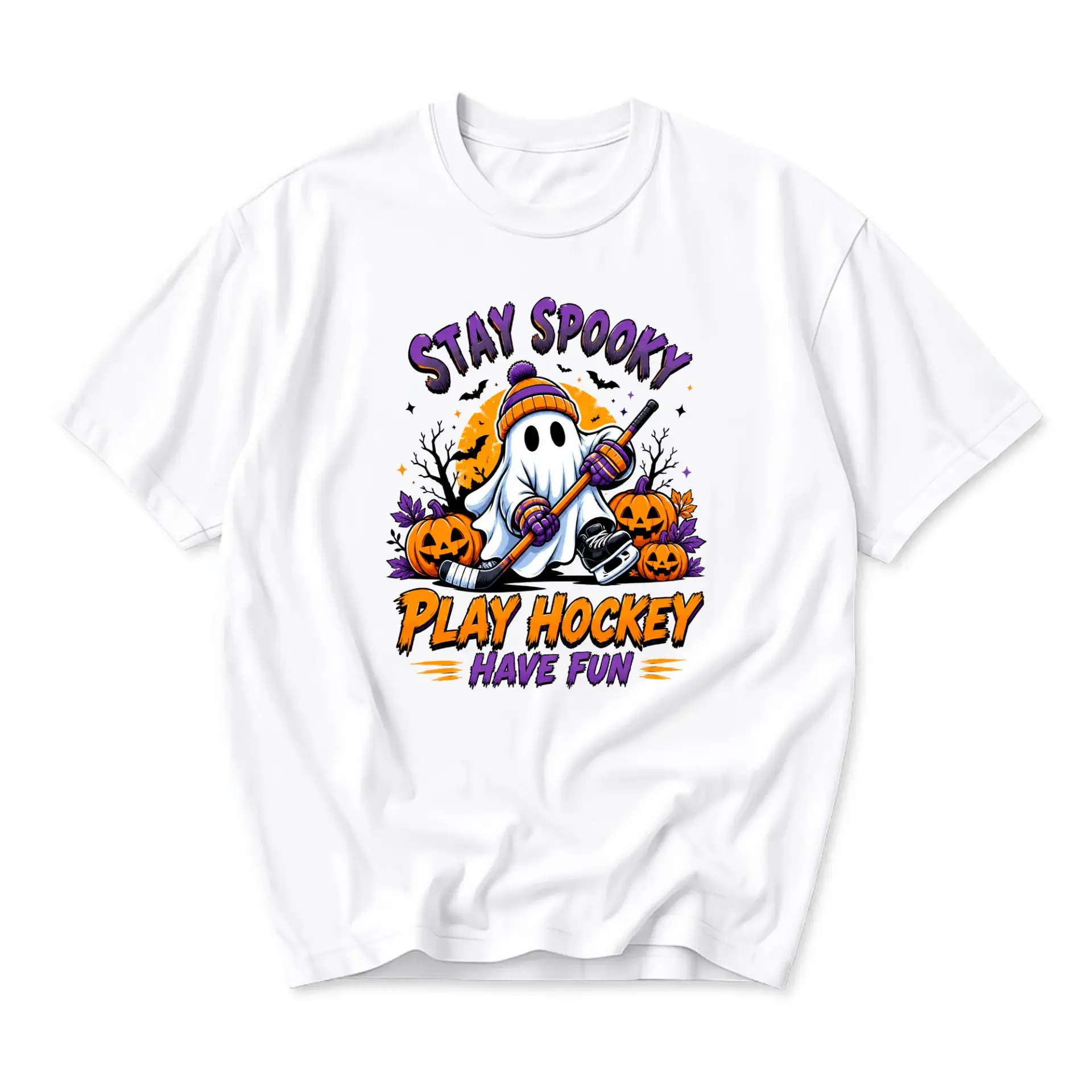 Graphic Tee Unisex Crew Neck T-Shirt Featuring a Spooky Ghost Hockey Player Design for Casual Fall Season Wear