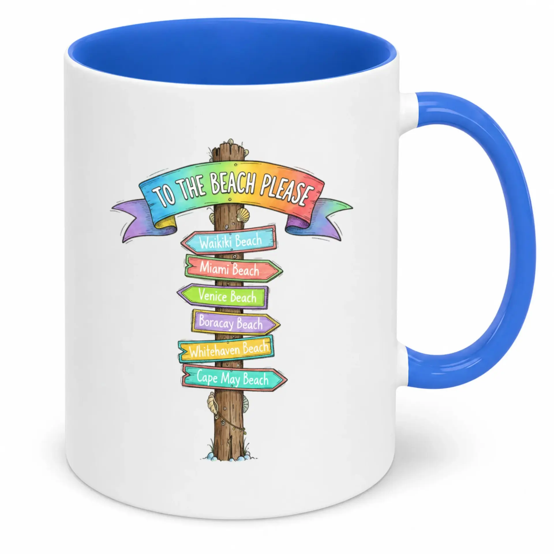 Funny Beach Destination Ceramic Coffee Mug with Famous Beach Names Direction Sign Design, Tropical Travel Themed Drinkware for Vacation Lovers