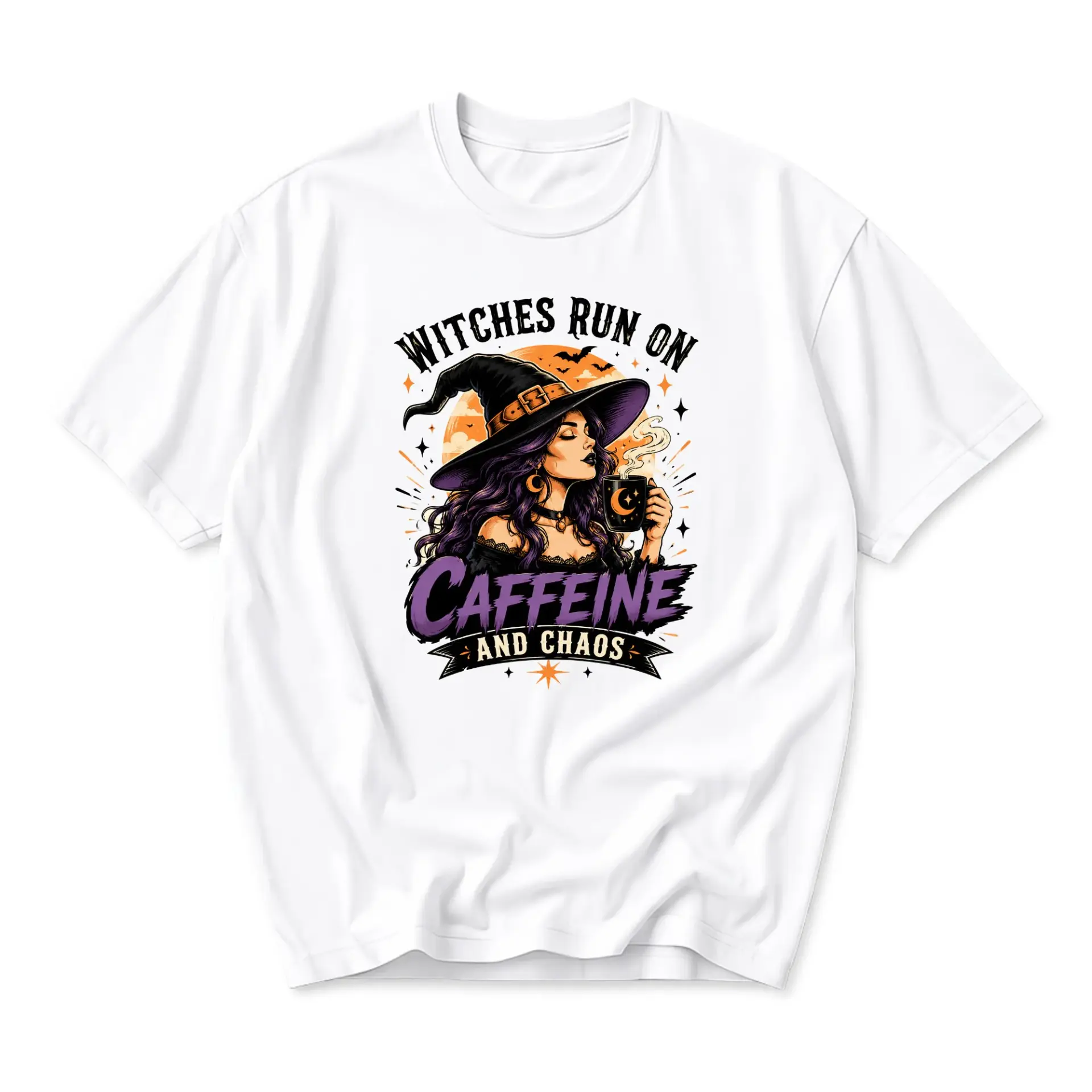 Funny Shirt Witches Run on Caffeine and Chaos Graphic Tee Unisex Casual Crew Neck Comfortable Cotton Blend Everyday Top