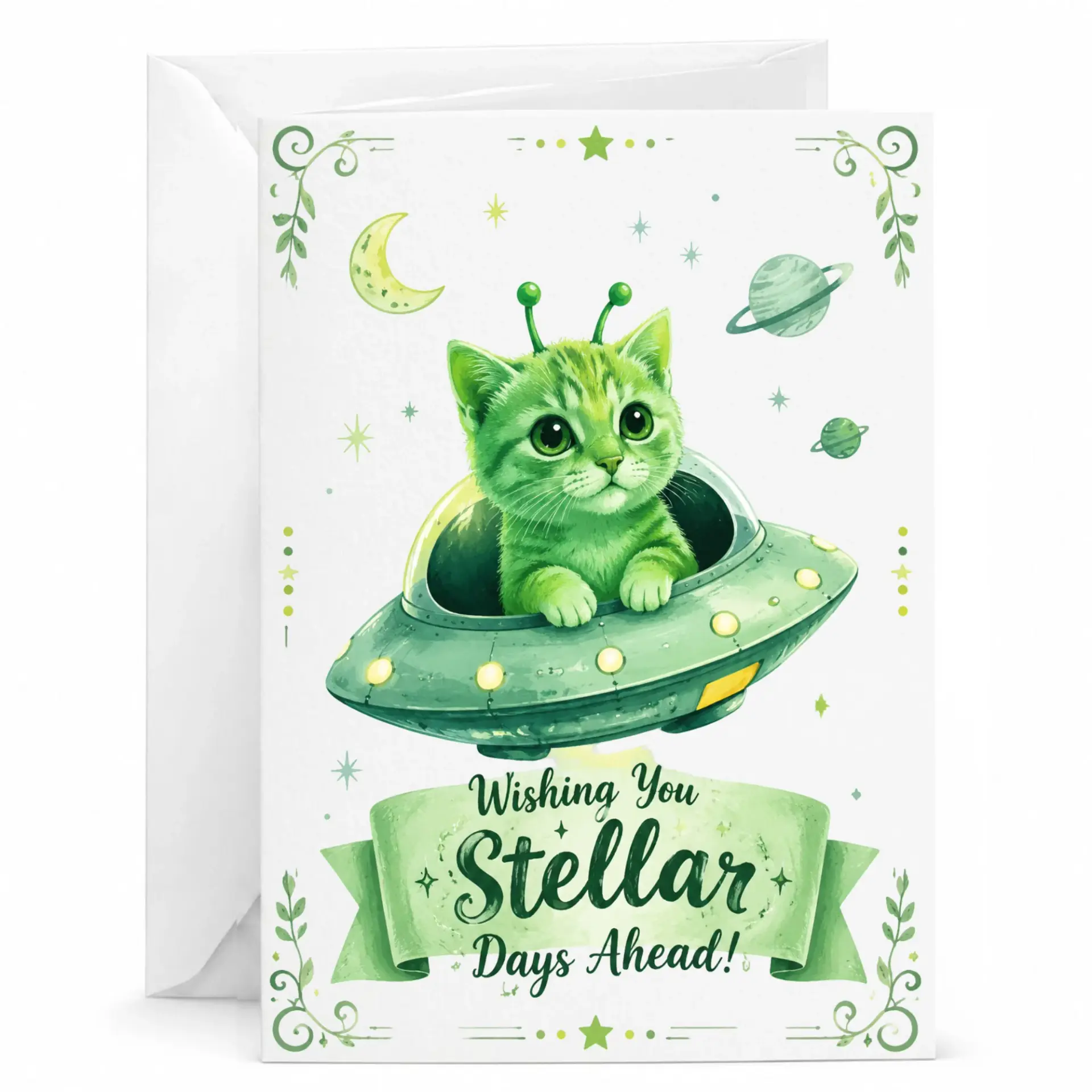 Funny Greeting Card Featuring a Cute Green Cat in a Spaceship for Birthday Anniversary or Encouragement Wishes