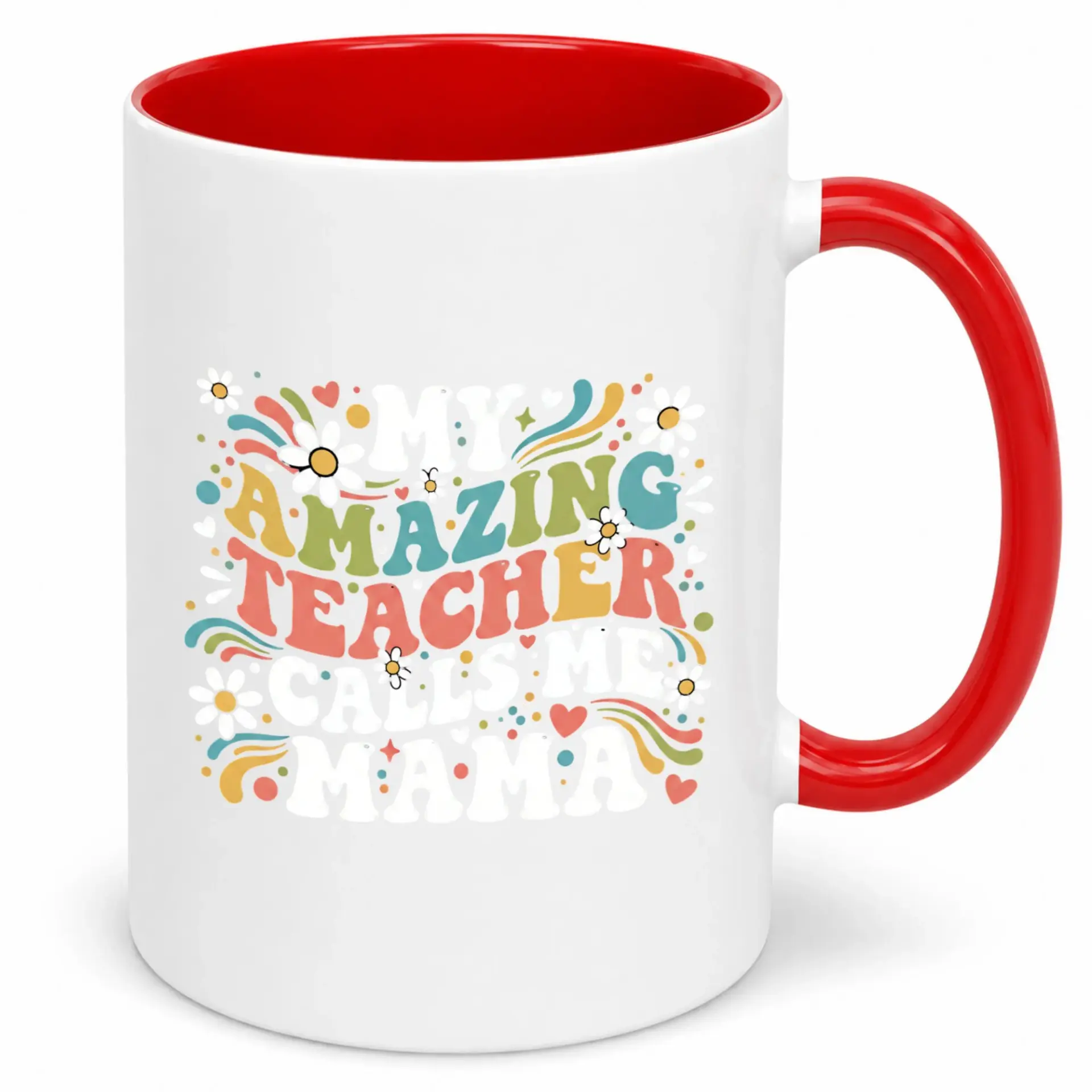 Funny Teacher Coffee Mug Retro Groovy Style Mama Appreciation Gift White Ceramic Tea Cup with Red Handle and Interior