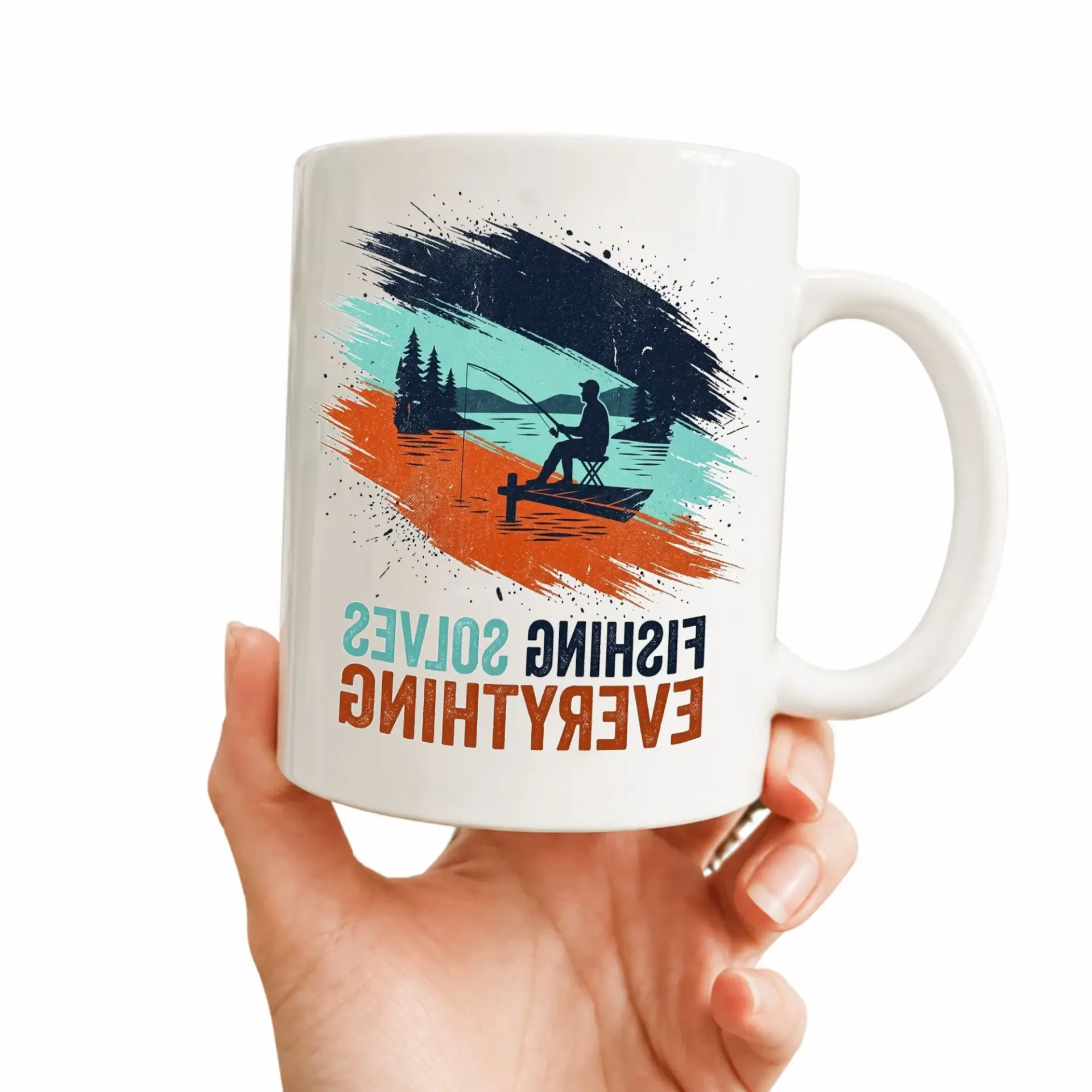 Funny Fishing Solves Everything Ceramic Coffee Mug Blue Two Accent Cup for Hot and Cold Beverages Outdoor Enthusiast