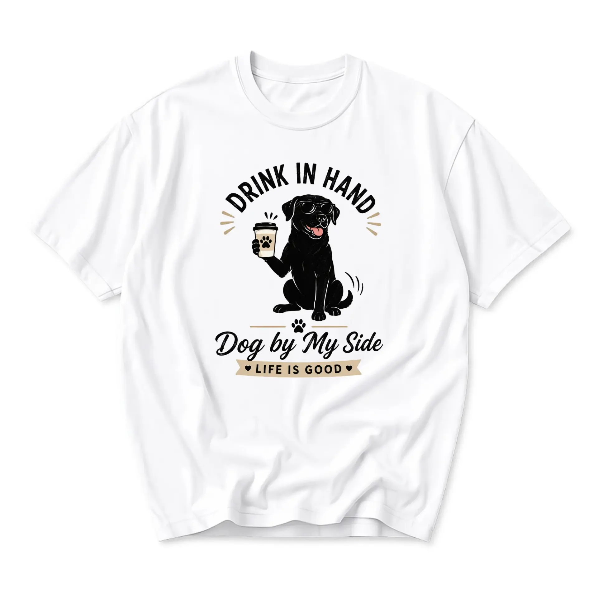 Funny Shirt Drink in Hand Dog Graphic Tee Casual Unisex Crew Neck Short