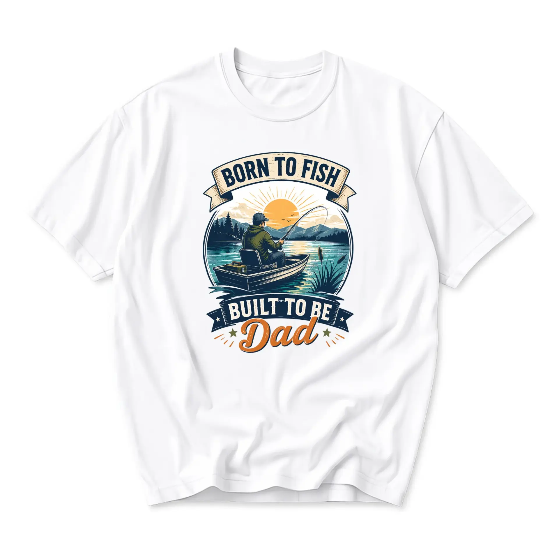Funny Shirt Born to Fish Built to Be Dad Graphic Tee for Fisherman Casual Crew Neck Unisex Cotton Blend Top