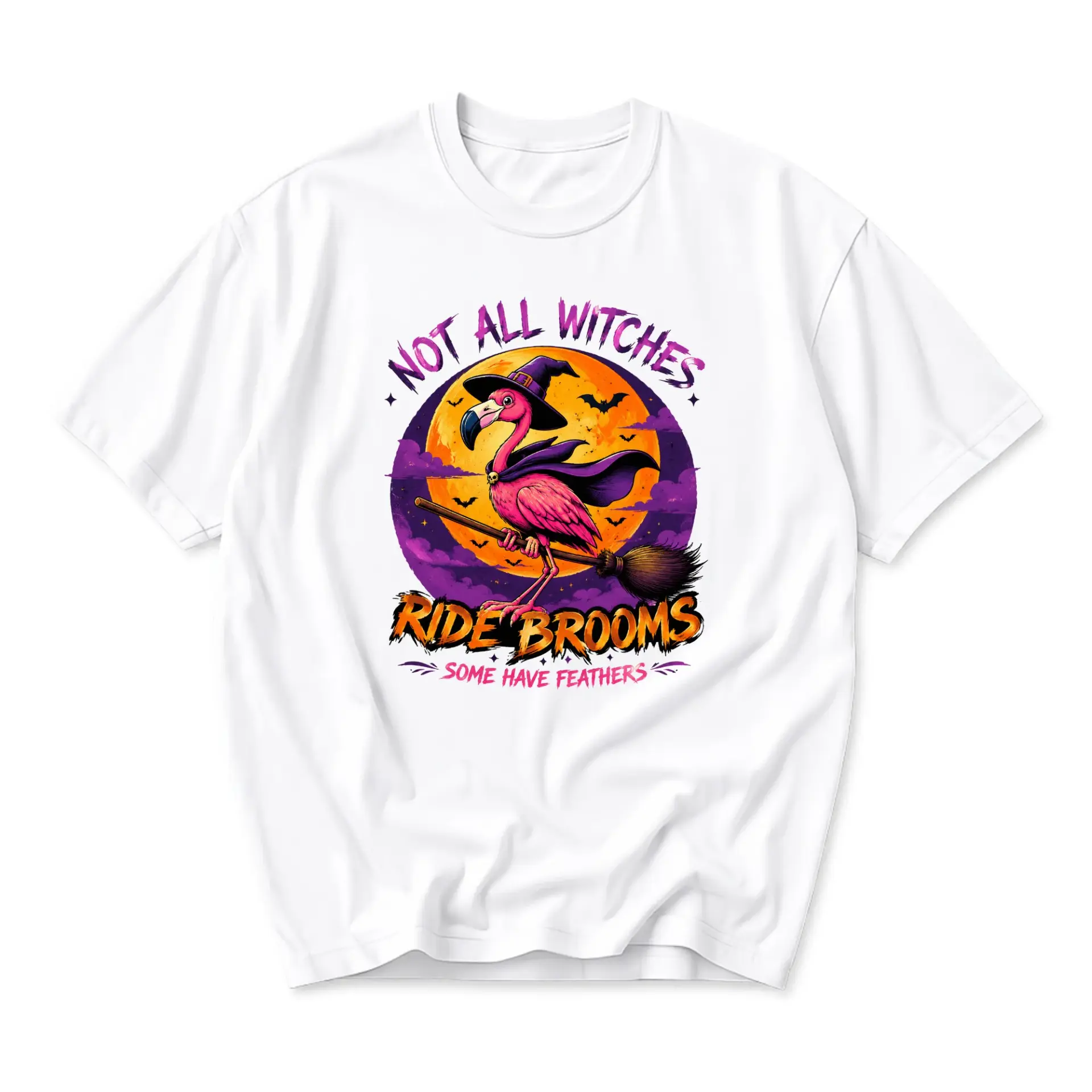 Funny Shirt Unisex Graphic Printed T-Shirt Featuring a Flamingo Witch on a Broomstick Halloween Humor Design