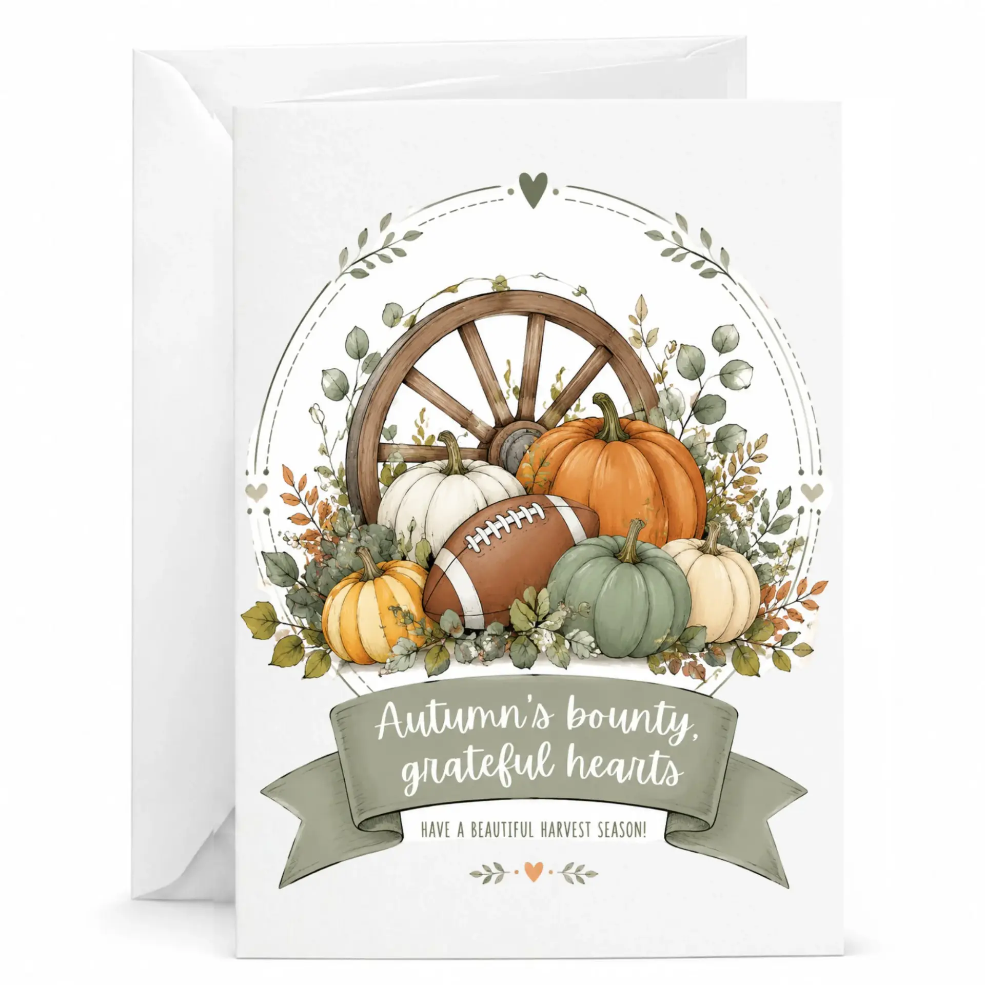 Greeting Card Autumn Harvest Football Theme Featuring Pumpkins and Rustic Wagon Wheel Illustration 5x7 Seasonal Note