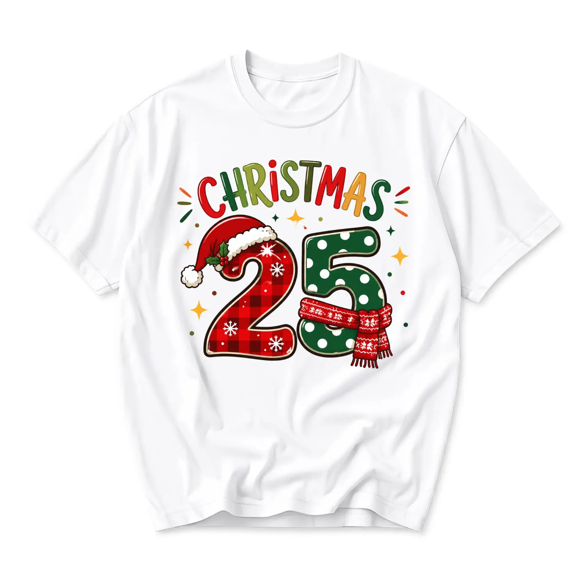 Graphic Tee Christmas 25 Holiday T-Shirt Festive Plaid Unisex Crew Neck