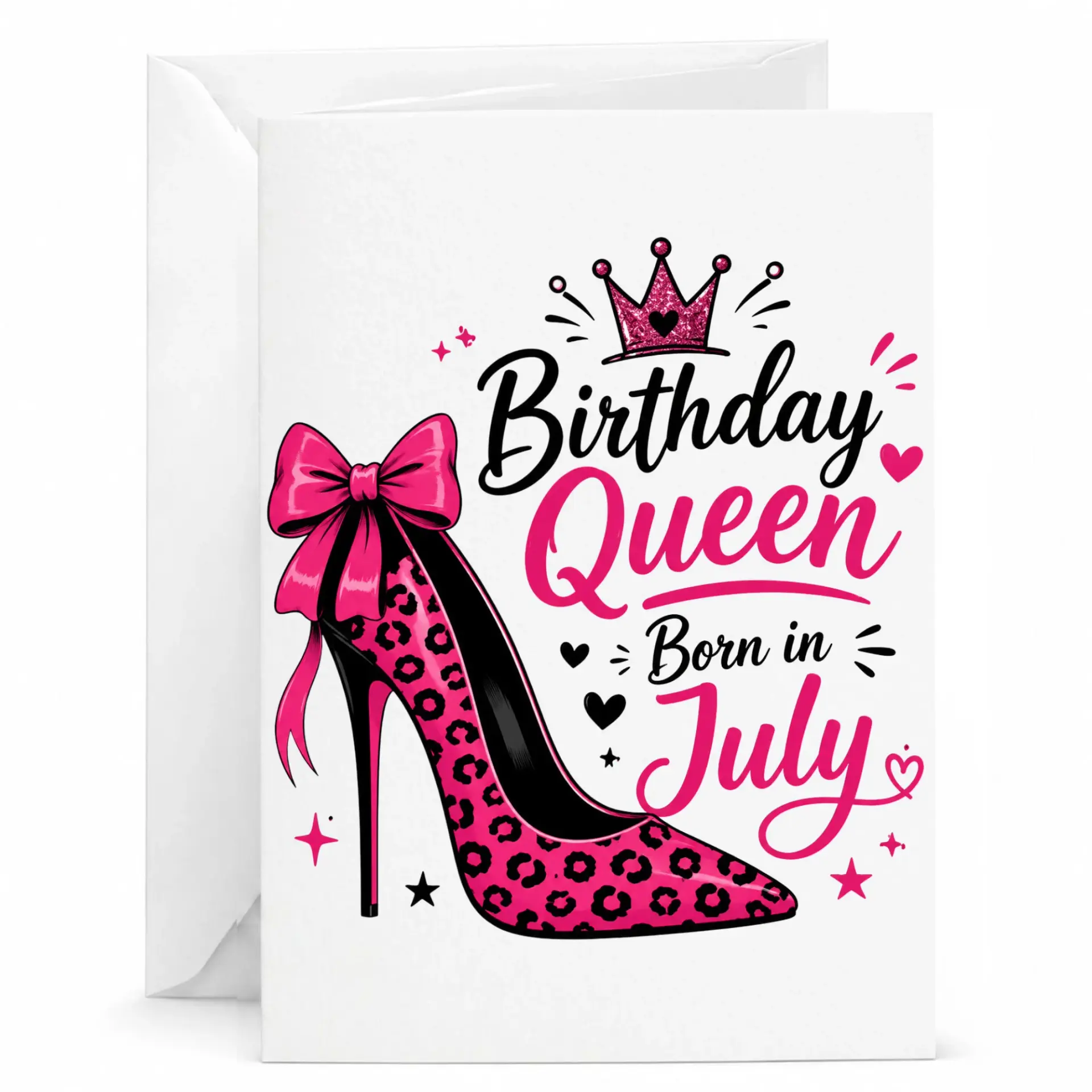 Birthday Queen Born in July Greeting Card, Leopard Print Stiletto High Heel Design, Fun Monthly Celebration Card