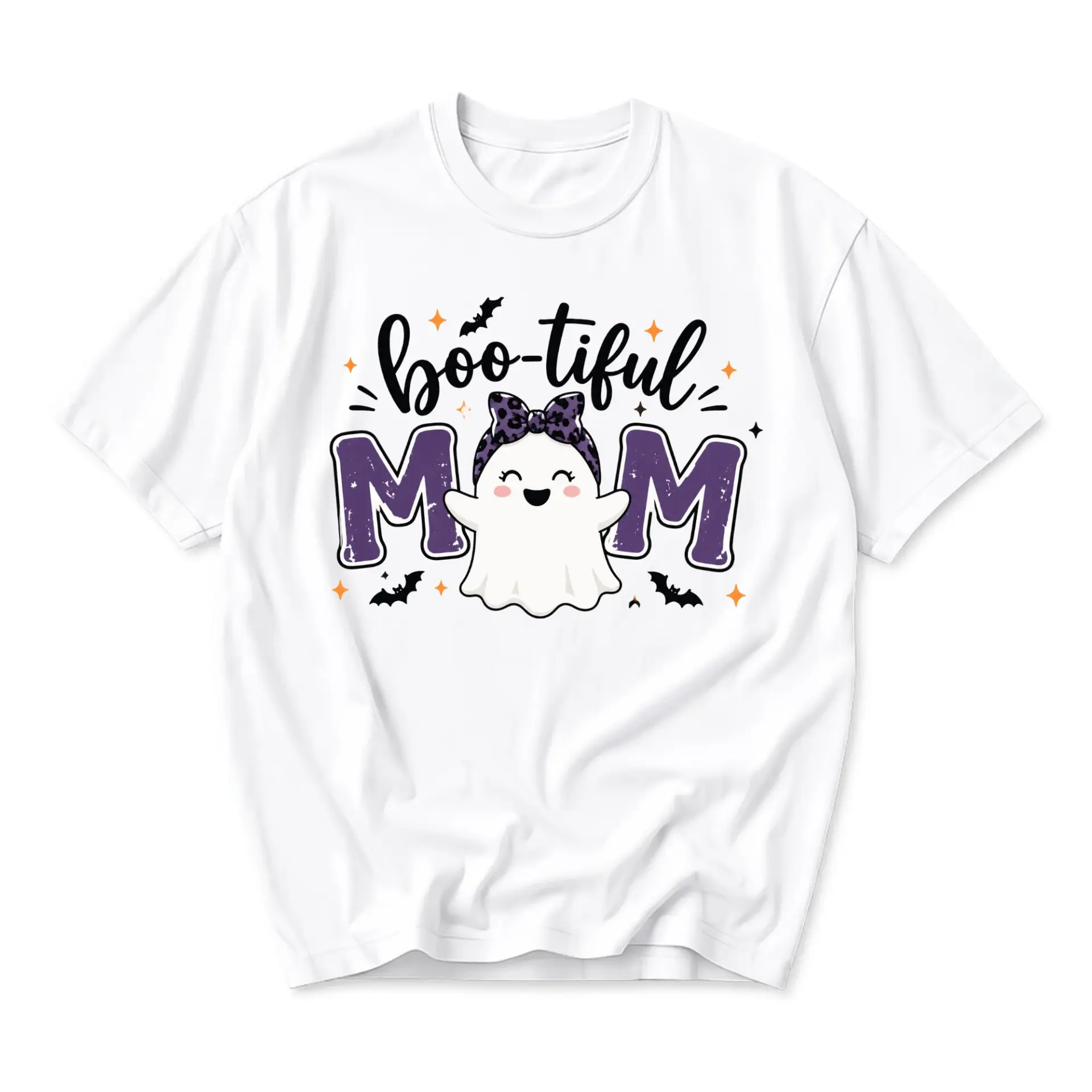 Funny Shirt Boo-Tiful Mom Halloween Ghost Graphic Tee Unisex Casual Crew Neck Soft Cotton Blend Everyday Outfit