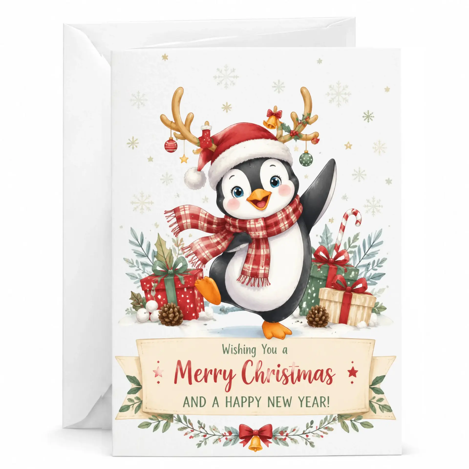 Holiday Greeting Card Featuring Cute Penguin with Reindeer Antlers and Christmas Gifts for Festive Season Greeting