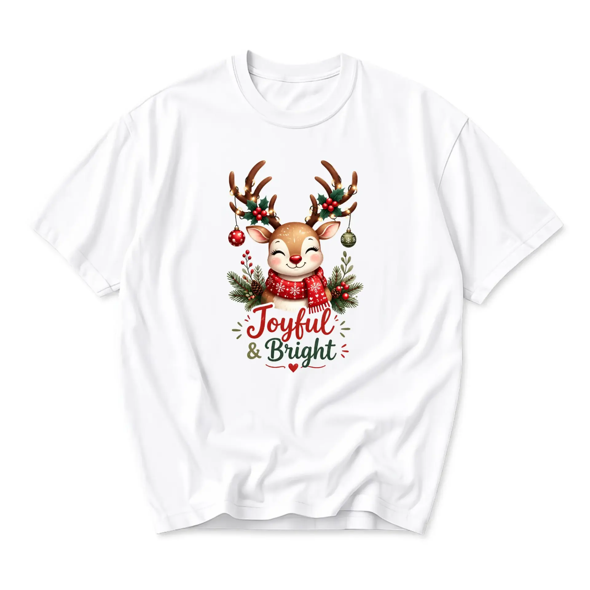 Graphic Tee Joyful and Bright Reindeer Shirt Holiday Theme Unisex Crew Neck Casual Wear Soft Cotton Blend White