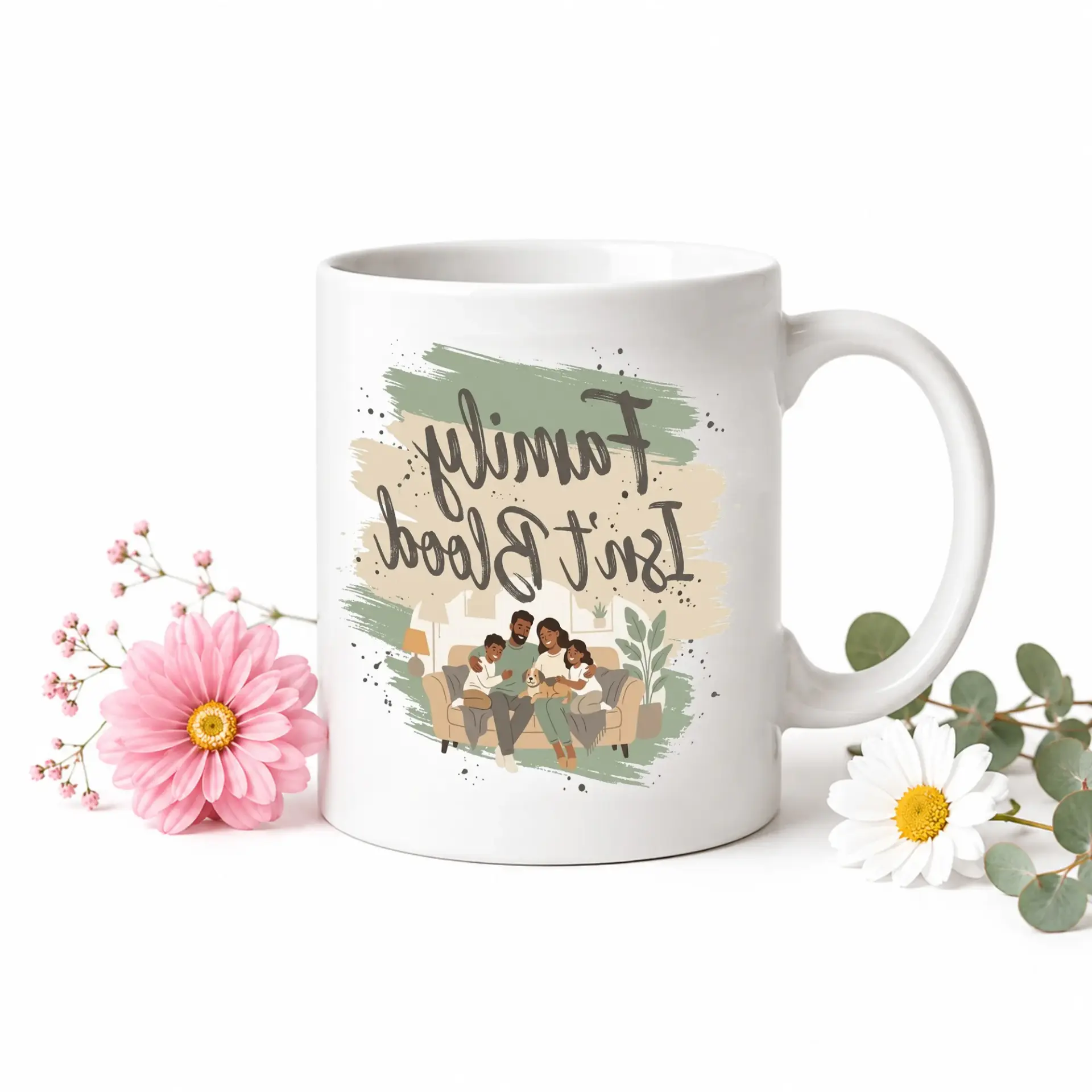 Inspirational Family Quote Ceramic Coffee Mug with Blue Handle and Graphic Art Print for Home Office Kitchen Drinkware