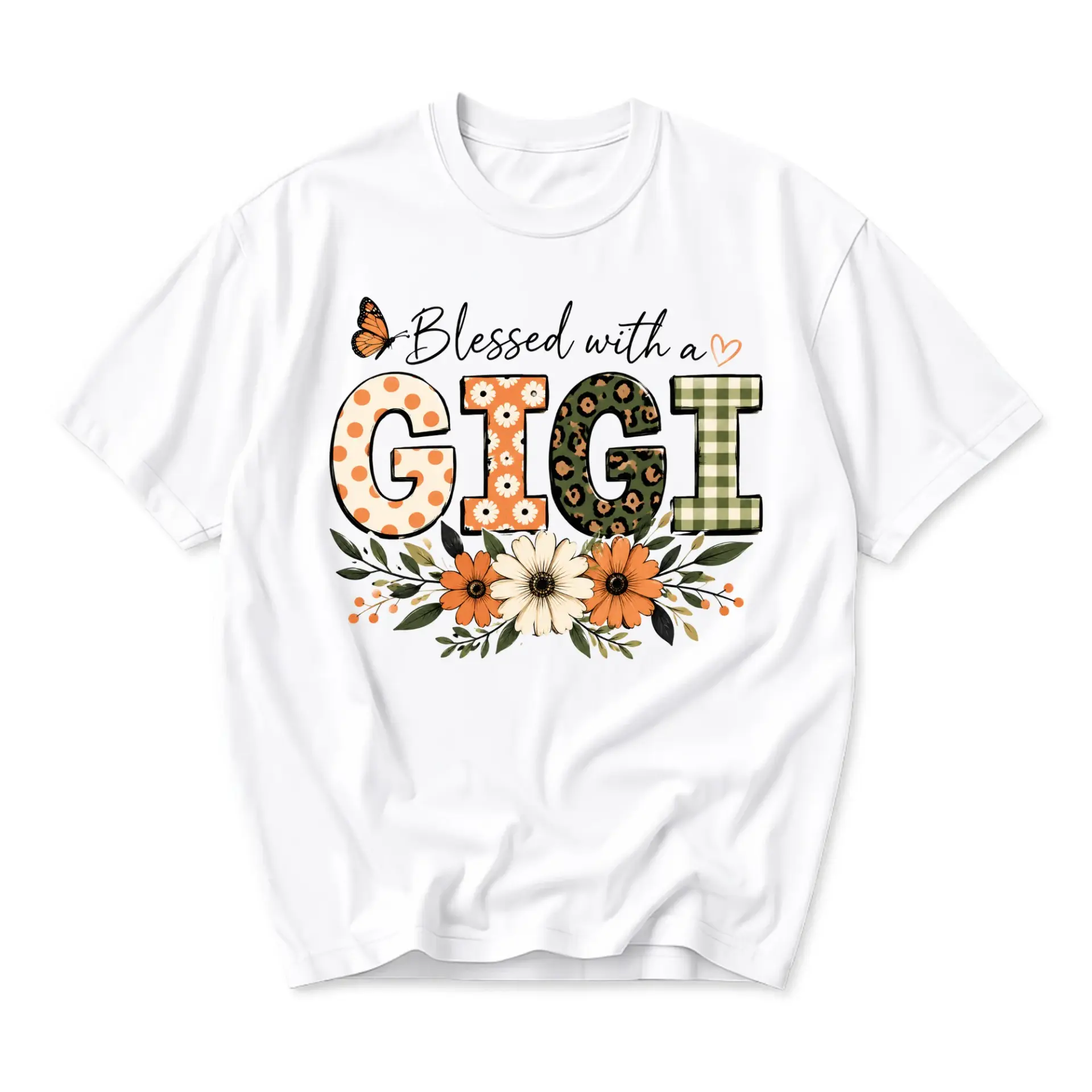 Graphic Tee Blessed with a Gigi Shirt Floral Butterfly Print Casual Short Sleeve Unisex Crew Neck Apparel Top