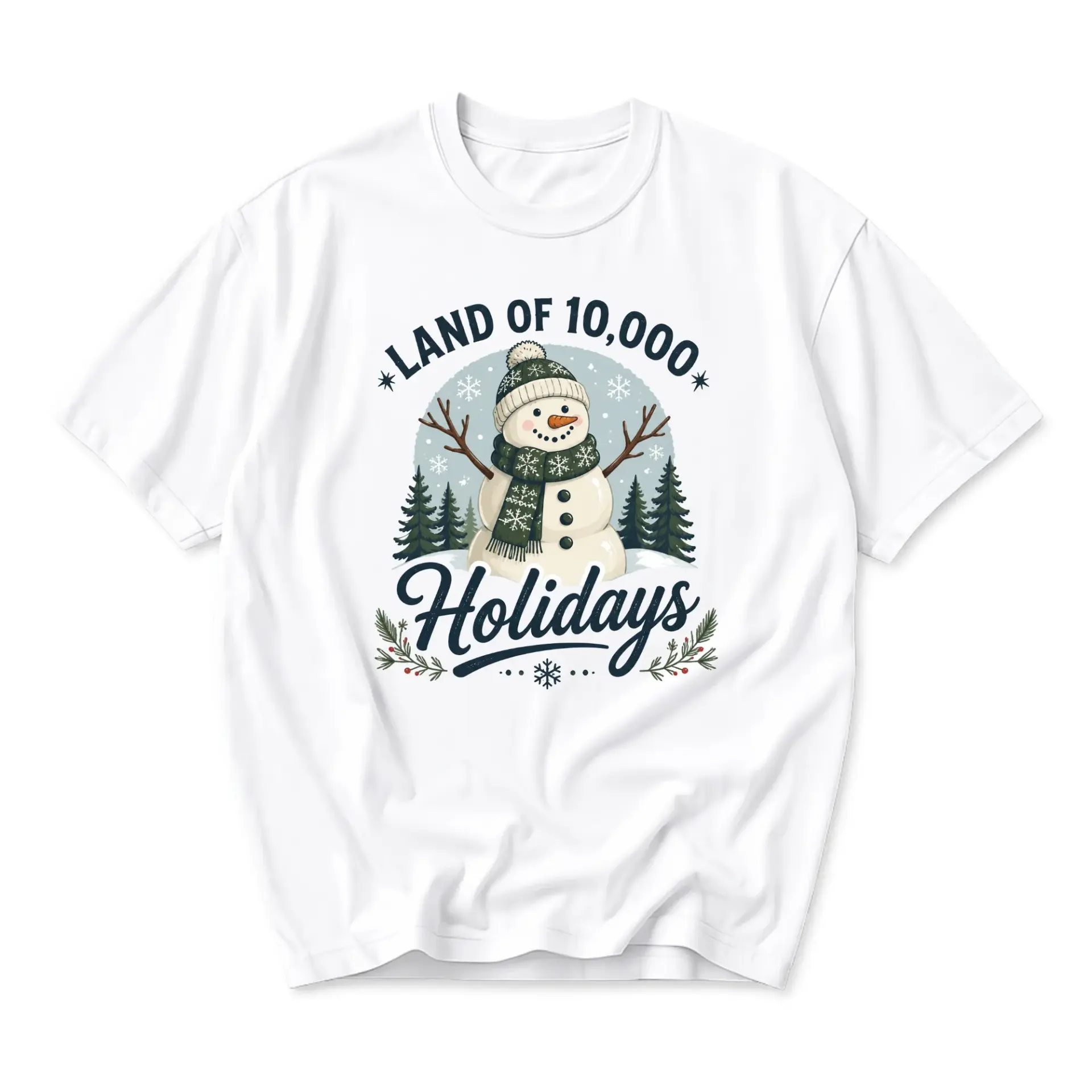 T-shirt Land of 10000 Holidays Graphic Tee Cute Snowman Apparel for Casual Everyday Wear and Seasonal Outfits
