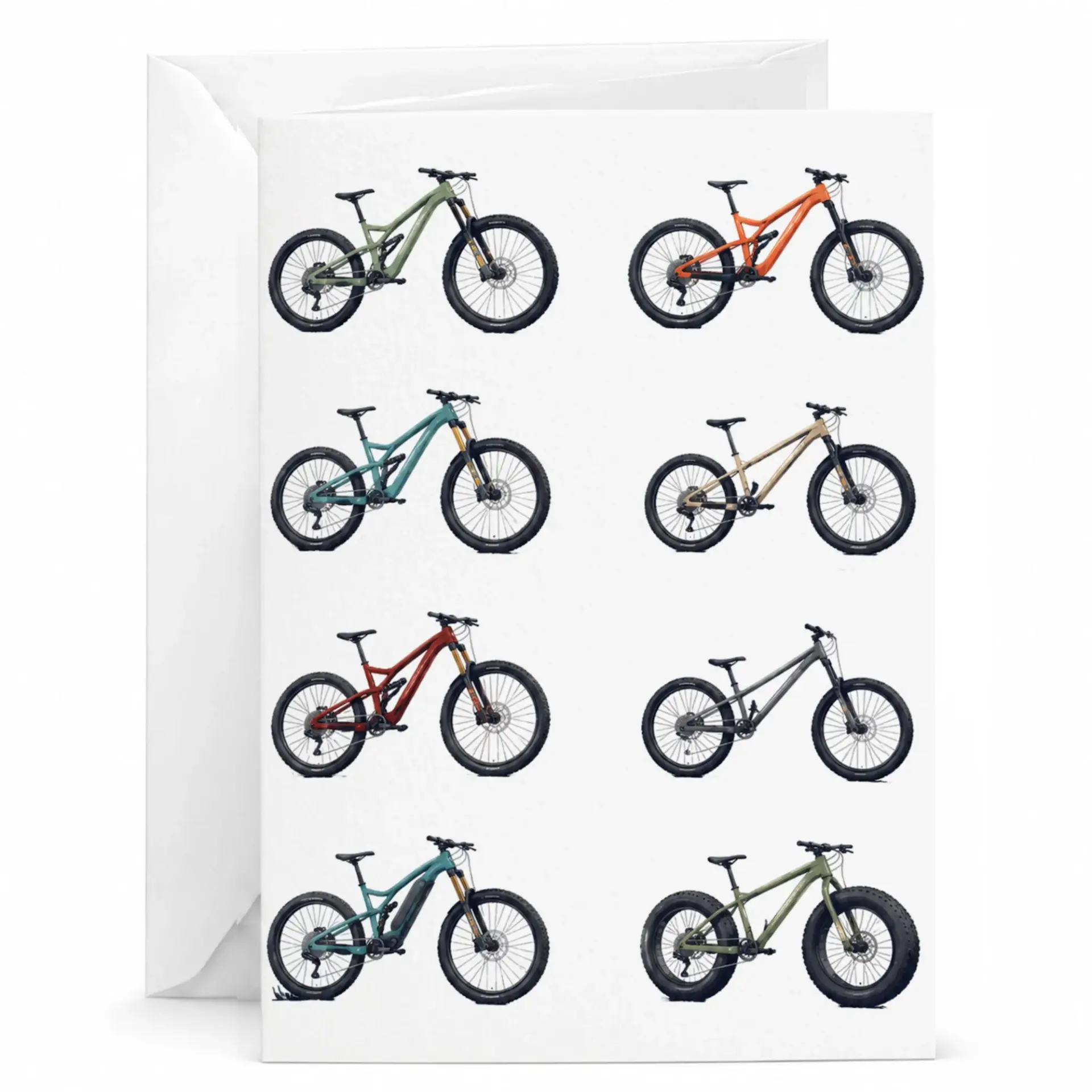 Greeting Card Mountain Bike Collection Illustration Features Eight Different Off Road Bicycles on White Background