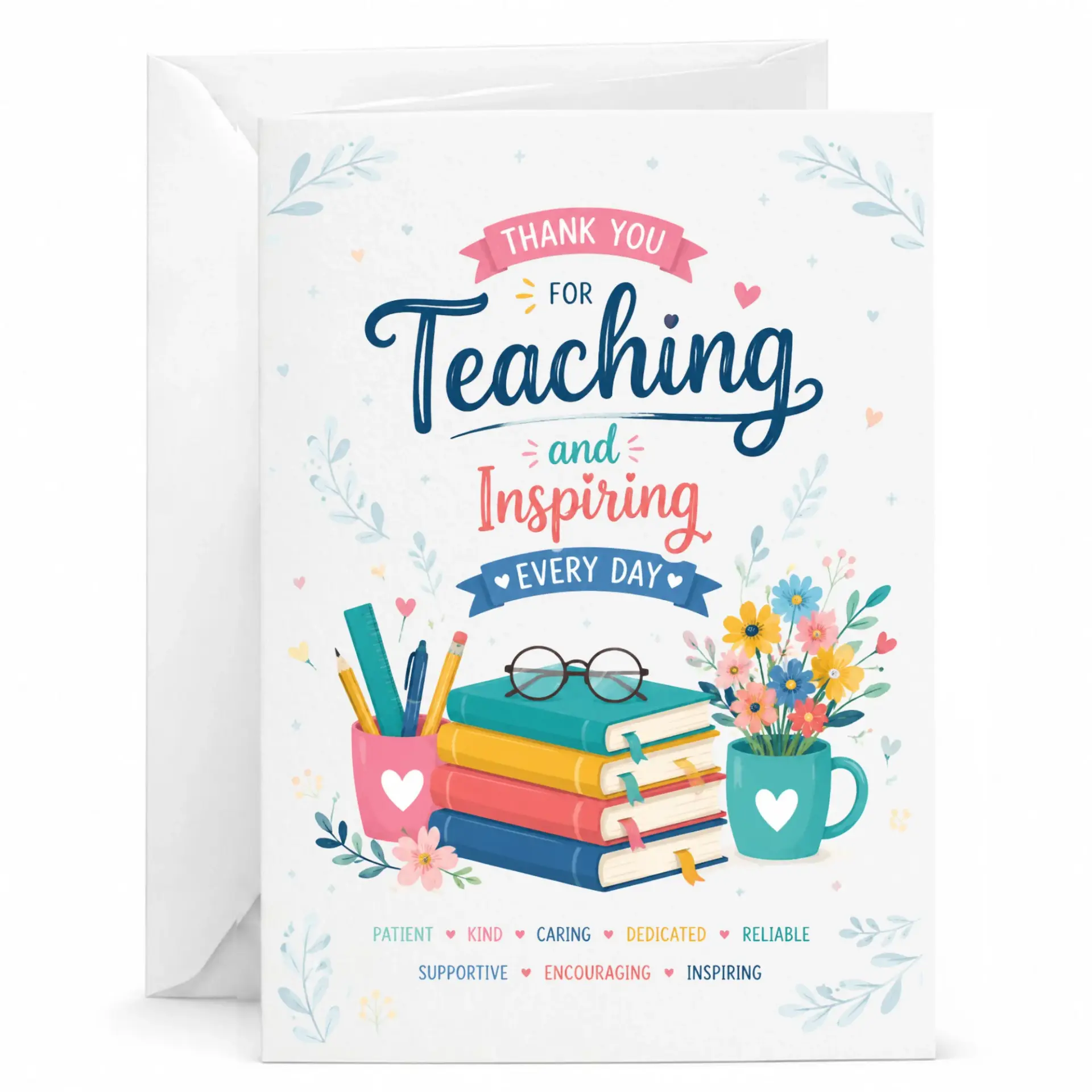 Card for Teacher Featuring Illustrated Books and Flowers Appreciation Greeting Educators