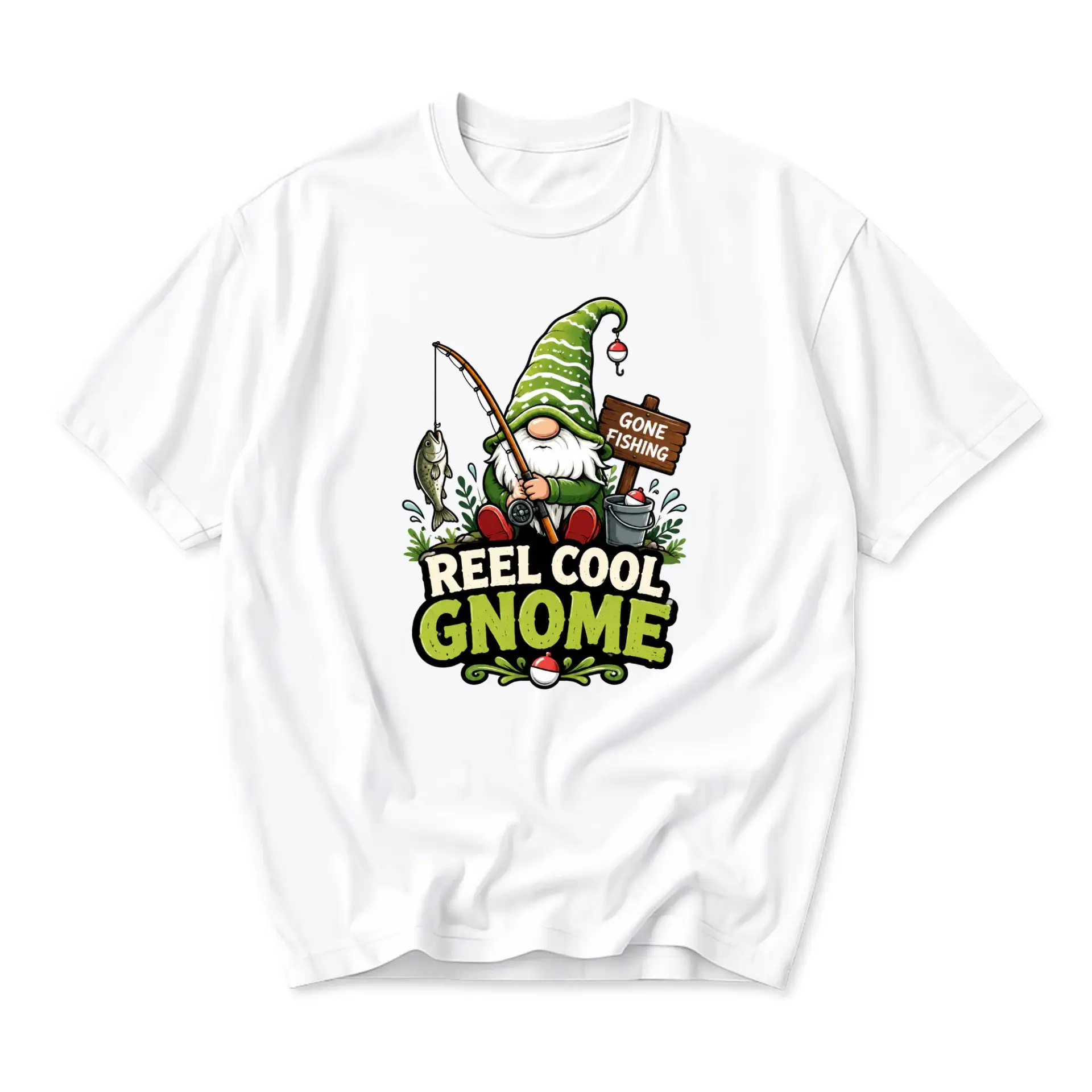 Funny Shirt Reel Cool Gnome Fishing Graphic Tee Casual Unisex Crew Neck