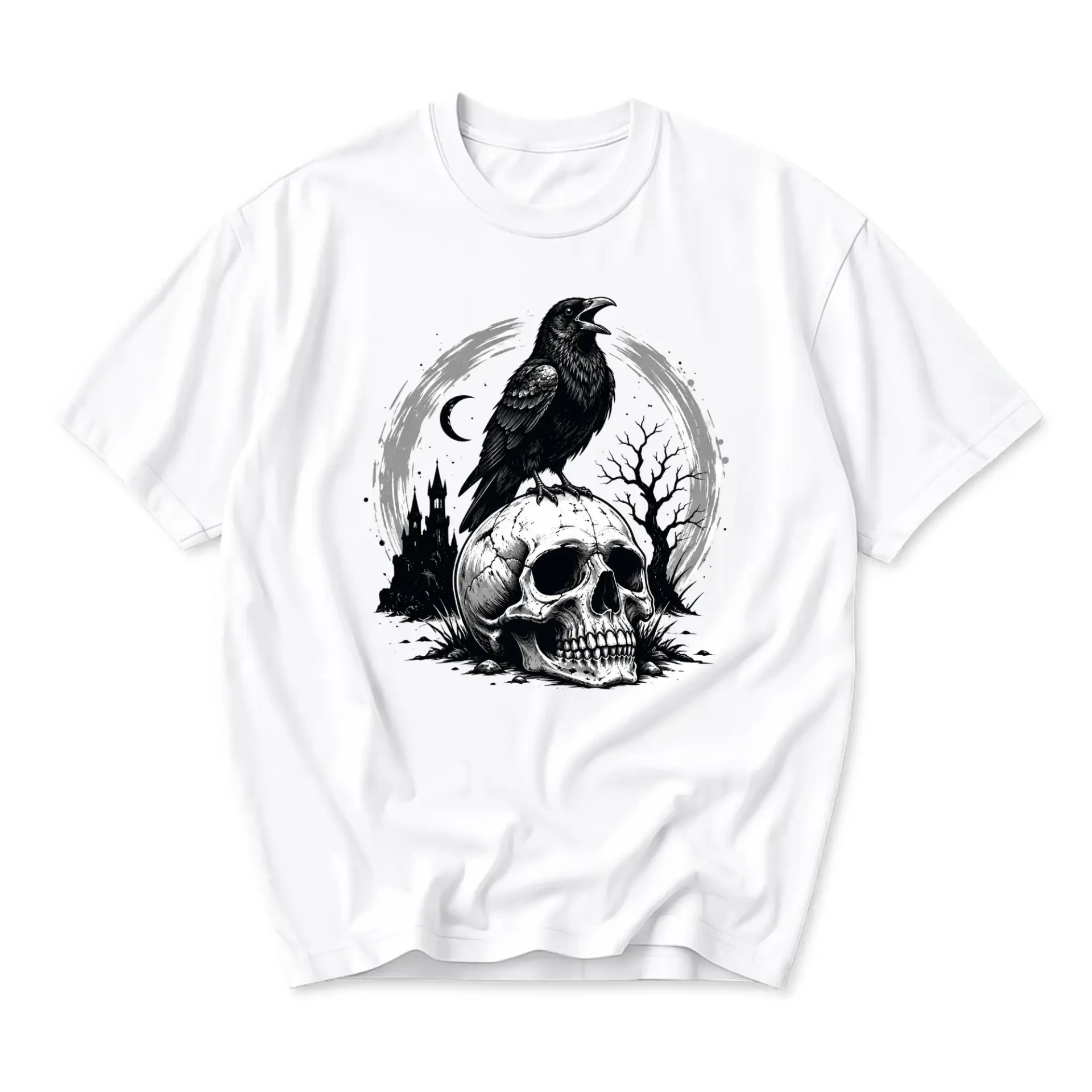 Graphic Tee Raven on Skull Illustration Unisex Crew Neck Short Sleeve Casual Cotton Blend Apparel for Everyday Wear