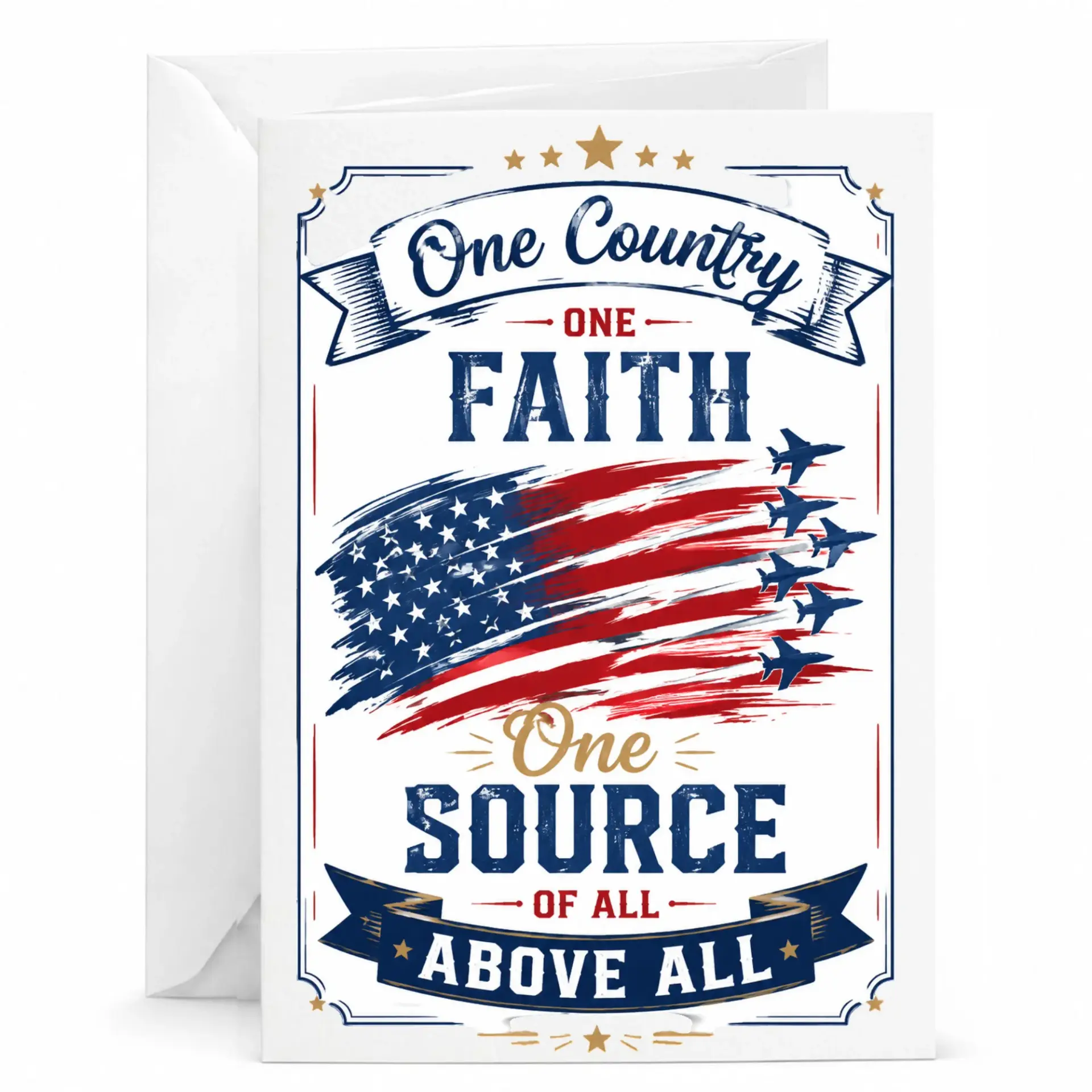 Greeting Card One Country One Faith Patriotic Artwork with Jet Fighters for Military Appreciation and National Pride
