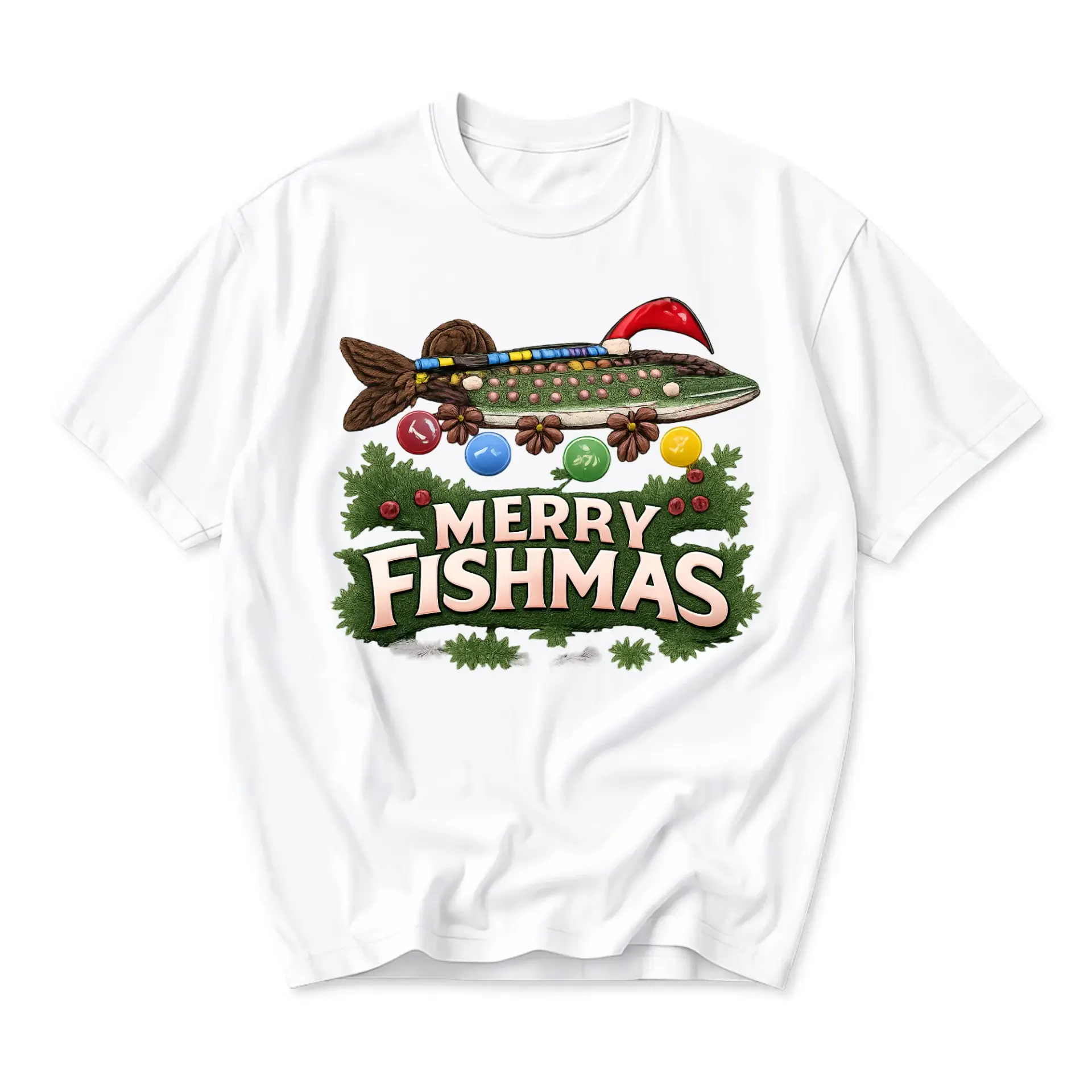 Funny Shirt Merry Fishmas Holiday Graphic Tee Unisex Casual Short Sleeve