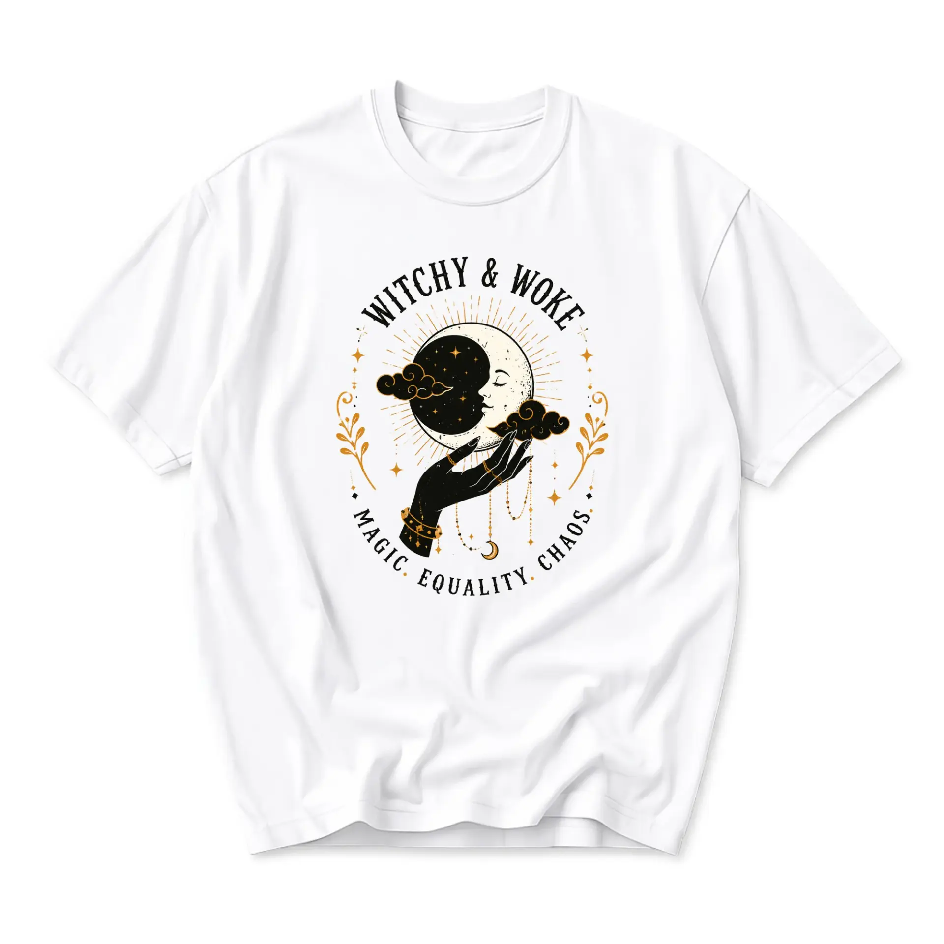 Graphic Tee Witchy and Woke Magic Equality Chaos Celestial Moon Sun Hand Illustration Unisex Crew Neck Cotton T-Shirt