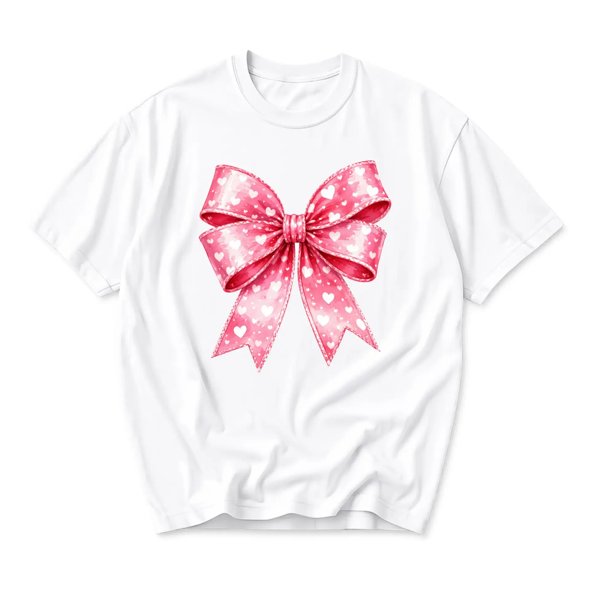 Graphic Tee Pink Ribbon Bow T-Shirt with White Hearts Print Cute Aesthetic Cotton Crew Neck Unisex Casual Top